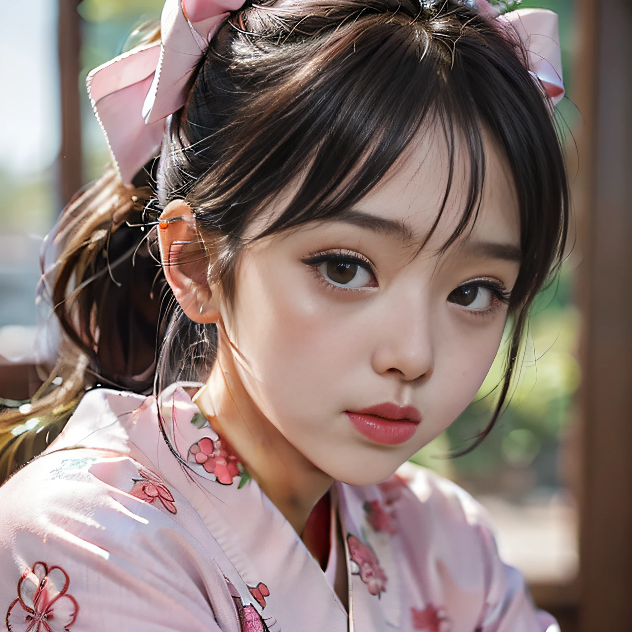 (Fujifilm XF18 lens 135mm f1.8:1.1), (2girls:1.3), masterpiece, (photorealistic:1.2), best quality, (jitome:1),beautiful lighting, cinema lights, film grain, blurry, indoors, bangs, lips, (cheek-to-cheek:1.3), (freckles:0.8), ribbon, bow, twintails, multiple girls, looking at viewer, depth of field, blurry background, heads together, closed mouth, hair ribbon, upper body, parted lips, (pink kimono:1.2),(perfect limbs:1.1),(face forcus:1.1),(eating takoyaki in Osaka:1.05),(dirty acne on forehead:1.1)