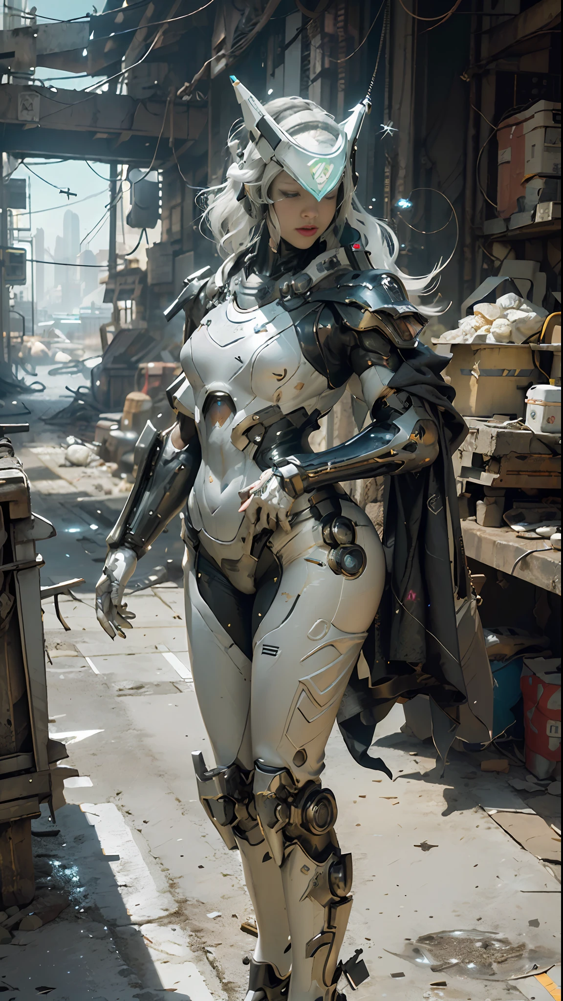 ((best quality)), ((masterpiece)), ((realistic)), (detailed), (photorealistic:1.5), a futuristic girl, (thick body), (white bodysuit), lights on armor, cybernetic headwear, looking at viewer, dynamic pose, post apocalyptic, destroyed city background, buildings on fire, science fiction, hdr, ray tracing, nvidia rtx, super-resolution, unreal 5, subsurface scattering, pbr texturing, post-processing, anisotropic filtering, depth of field, maximum clarity and sharpness, rule of thirds, 8k raw, (luminescent particles:1.4), (extremely detailed cg, unity 8k wallpaper, 3d, cinematic lighting, lens flare), reflections, sharp focus, cyberpunk art, cyberpunk architecture,