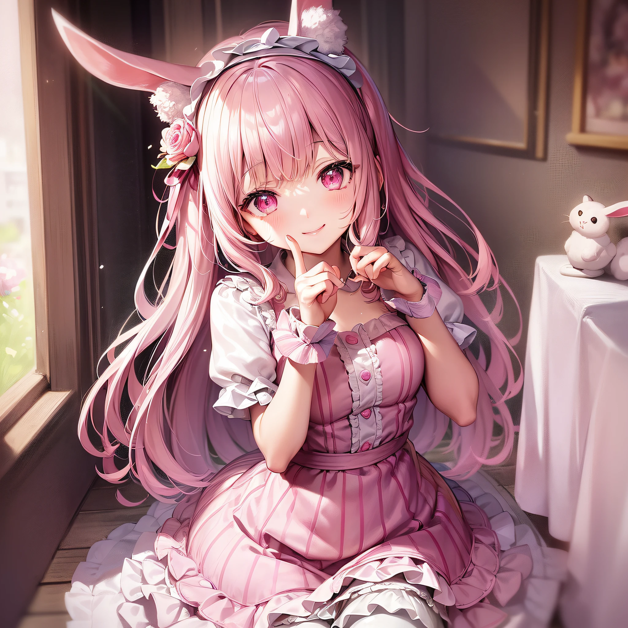 (masterpiece), (best quality), (ultra-detailed), nanami_chiaki_\(danganronpa\), (pale mauve hair), flipped hair, pink eyes, pink dress, white striped tights, pale pink ballet flats, fake animal ear, (Bunny Ear Headband), flowers around, (pastel color background), isometric, shiny hair, shiny skin, lens flare, perfect eyes, intricate details, (hands_behind_back), (happy smile), cute pose