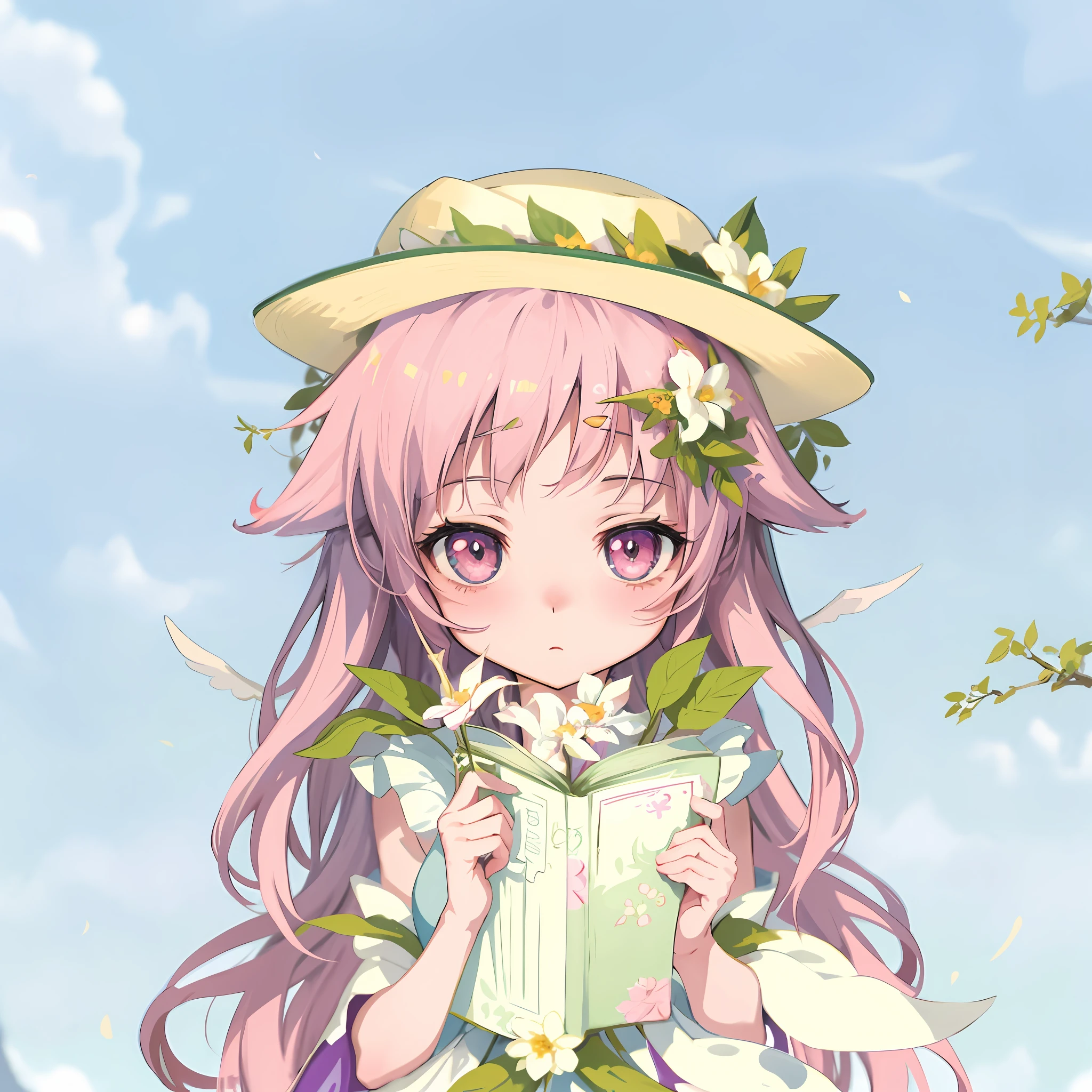 anime girl with long pink hair and hat holding a book, my dress up darling anime, elf girl wearing an flower suit, goddess of summer, fey queen of the summer forest, inspired gacha club game, fairycore, goddess of spring, the non-binary deity of spring, kawaii realistic portrait, cute character, with bloom ethereal effects, portrait of magical girl