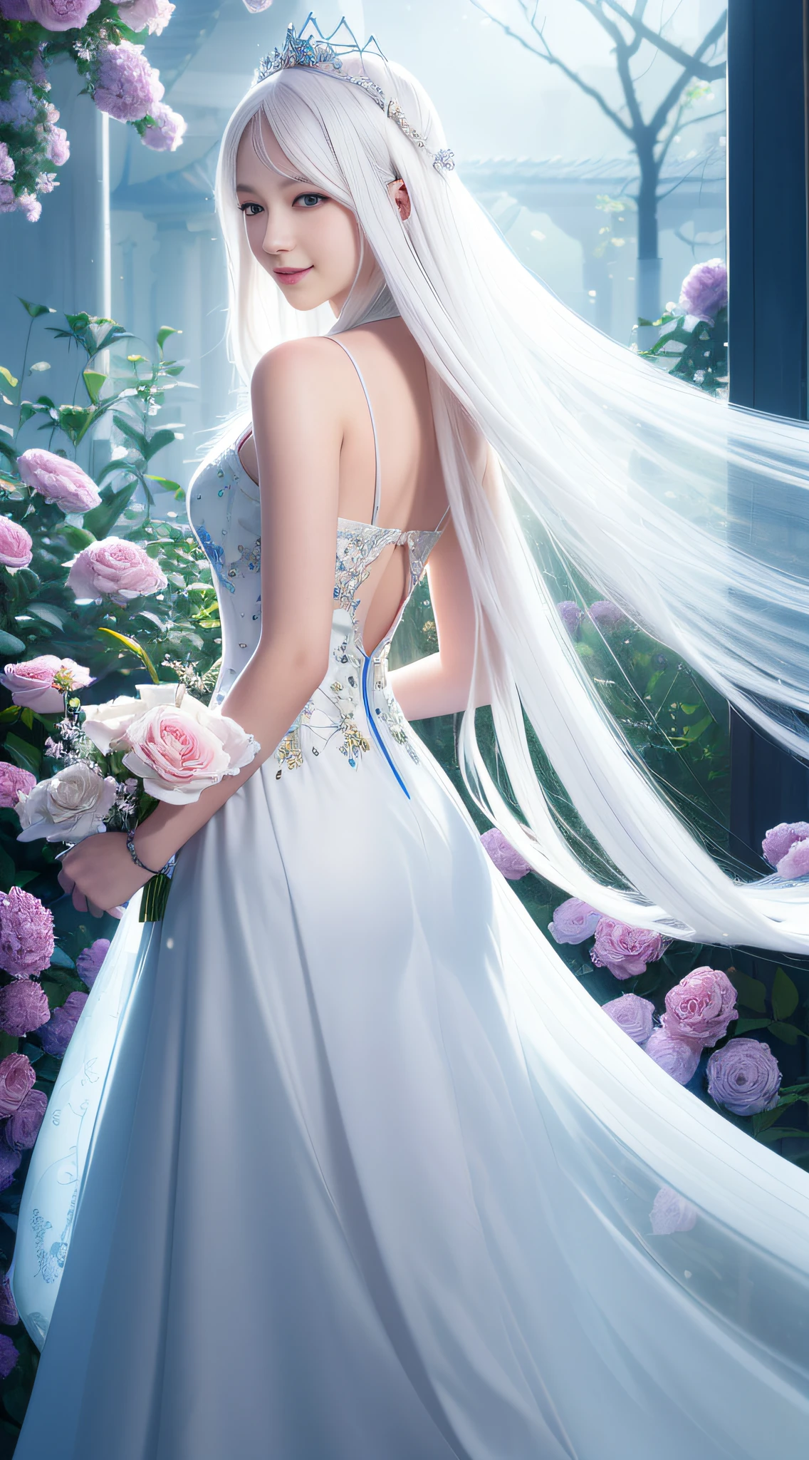 ( smiling fine silk transparent looking backwards)) Girl with long white hair and dress with flowers, digital art inspired by Ai Xuan, trend in CG society, fantasy art, (((beautiful fantasy queen)), ethereal beauty, beautiful fantasy queen, 8k high quality detail art, beautiful fantasy anime, ethereal fantasy, beautiful young wind spirit, guweiz, cgstation trend