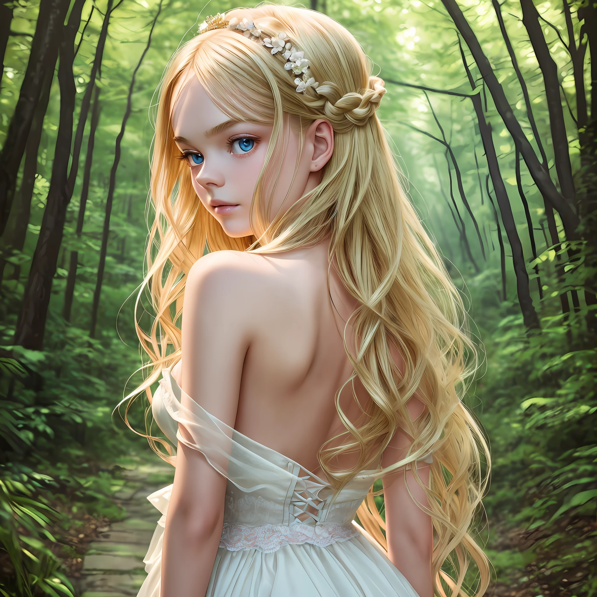 Perfect forest landscape, Naked back, textured skin, short dress falling, dress strap dropped, dress open on the back sliding down, sweat, a single girl on her back, solo, Elle Fanning as Alice in wonderland, girl (11 years old) blonde hair on her back, turned on her back, little girl, blonde, lovely languid princess, beautiful model, Beautiful princess, female princess, a stunning young ethereal figure, long blonde hair, pink skin, best quality, ultra high resolution, (photorealistic), (detailed face and eyes), award-winning photographer, sharp focus, realistic lighting - --auto --s2