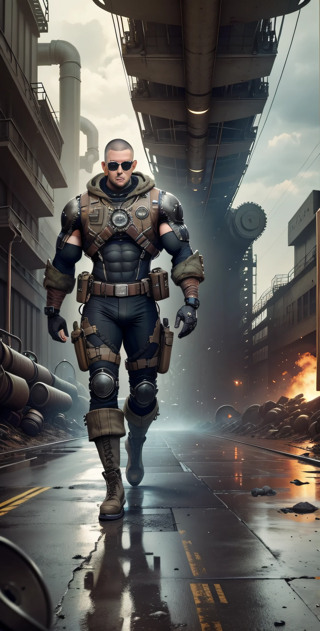 Male in the Heath, tall and burly, camouflage tights, big muscles, big bulge, Buzz cut, black sunglasses, brown camouflage military boots, buzz cut, steampunk style, steampunk art, complex mechanical devices such as gears, pipes, valves, (huge industrial building: 1.4), gray theme, retro futurism, crazy details, (Fujiflim XT3), 20 megapixels, detailed, cinematic particles,