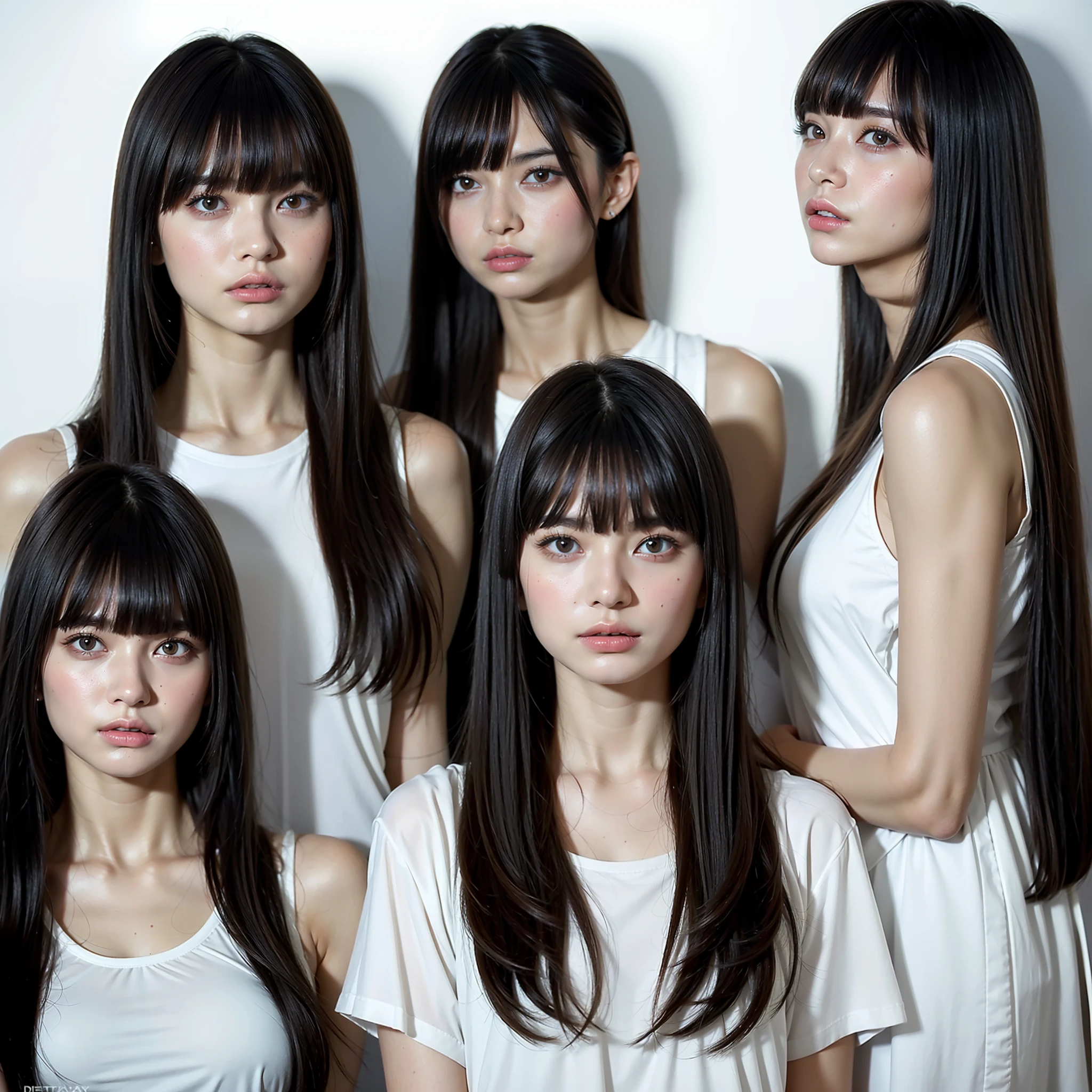 12K), (Ultra Realistic), Top Quality, Ultra High Definition, ((18 years old, beautiful identical twins)), (Photo Studio, white background), Hug, Detailed black hair, Bangs, Same hairstyle, White T-shirt, Detailed face, Yellow eyes, Makeup, Detary eyes, Detary lips