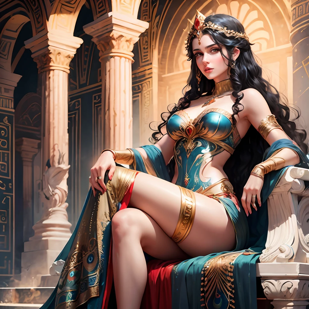 Greek goddess Hera, beautiful woman, wearing a long gala event dress, curly black hair, blue eyes, scarlet red dress, sitting on the throne, peacock next door, 8k, Greece, ultra realistic, cinematic --auto --s2