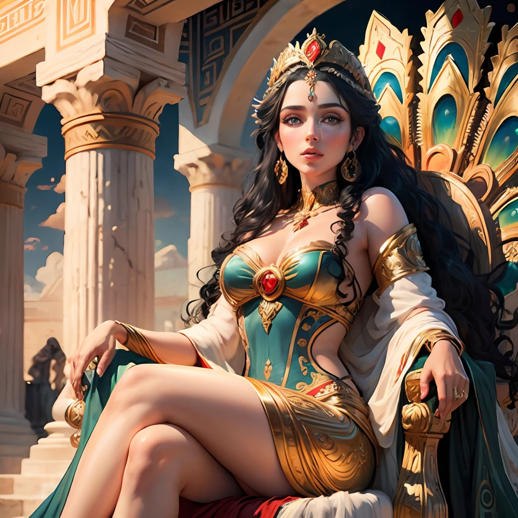 Greek goddess Hera, beautiful woman, wearing a long gala event dress, curly black hair, blue eyes, scarlet red dress, sitting on the throne, peacock next door, 8k, Greece, ultra realistic, cinematic --auto --s2
