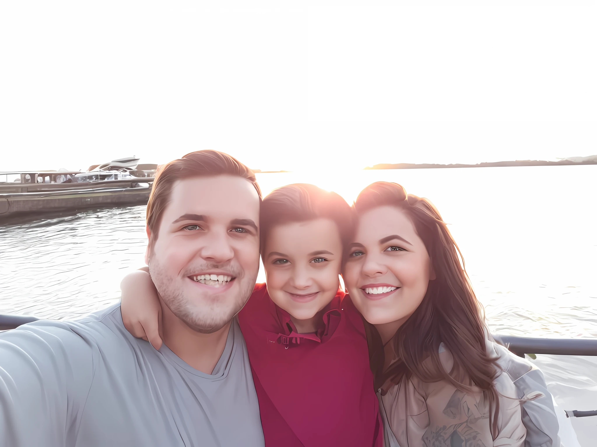 Happy family portrait, man with beard smiling, brunette child smiling, brunette woman smiling, Jinx style from Arcane, with beautiful sunset, Arcane style