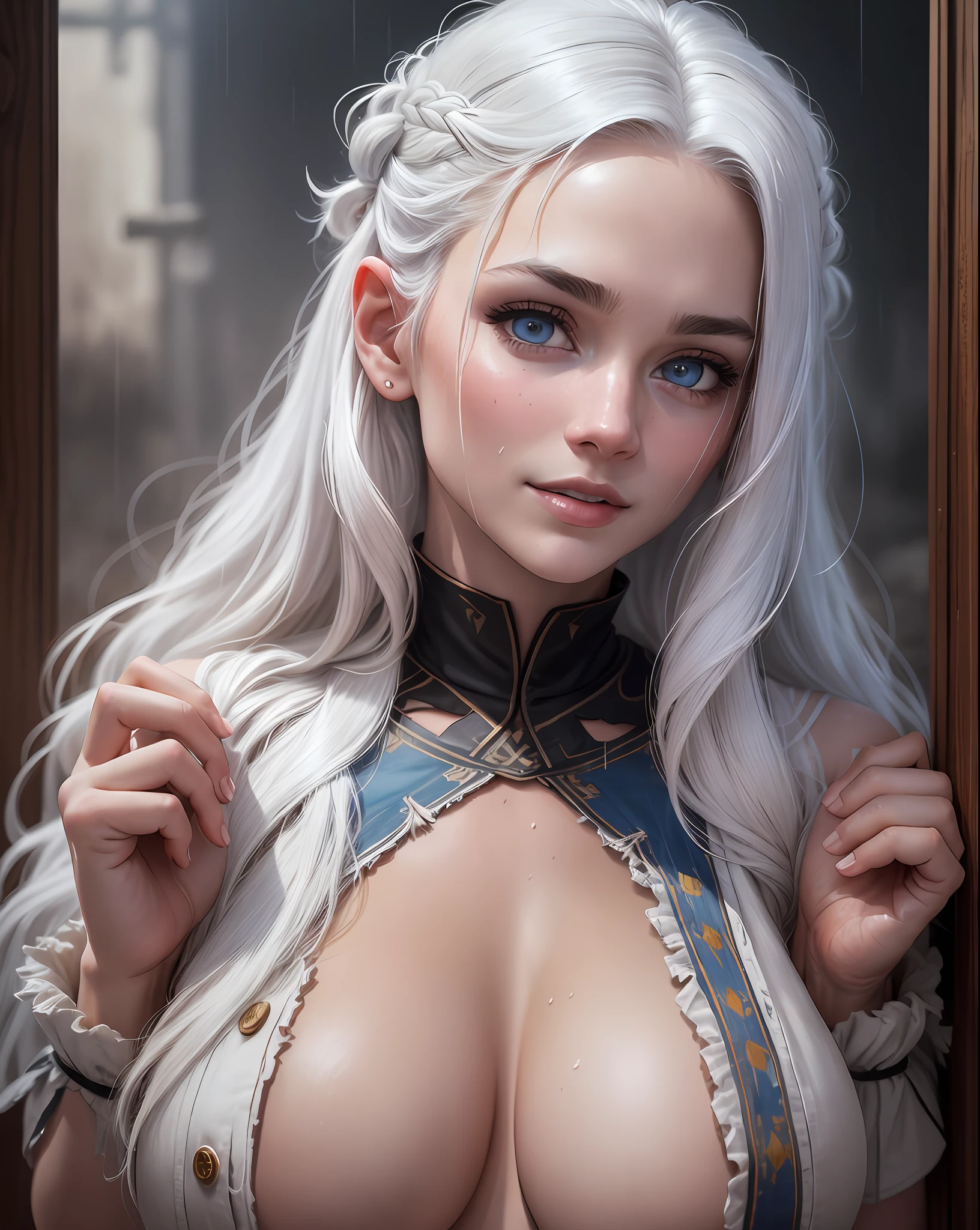 A beautiful young Viking peasant, very sexy, white hair, torn dress, she is posing for camera with a provocative and peverted smile, Viking hairstyle, sweaty body and face, dirty, captivating, wet, big breasts, bright blue eyes, viking village, rain, photo awarded by lee jeffries, kodak film photography, kodak lens portra 400 camera f1.6, extremely detailed, amazing, fine details, rich colors, realistic hyper realistic texture, dramatic lighting, unrealengine, trend in artstation, cinestill 800 tungsten, looking at the viewer, realistic photo, RAW photo, TanvirTamim, high quality, high resolution, sharp focus, extremely detailed, cinematic effect, full body portrait style.