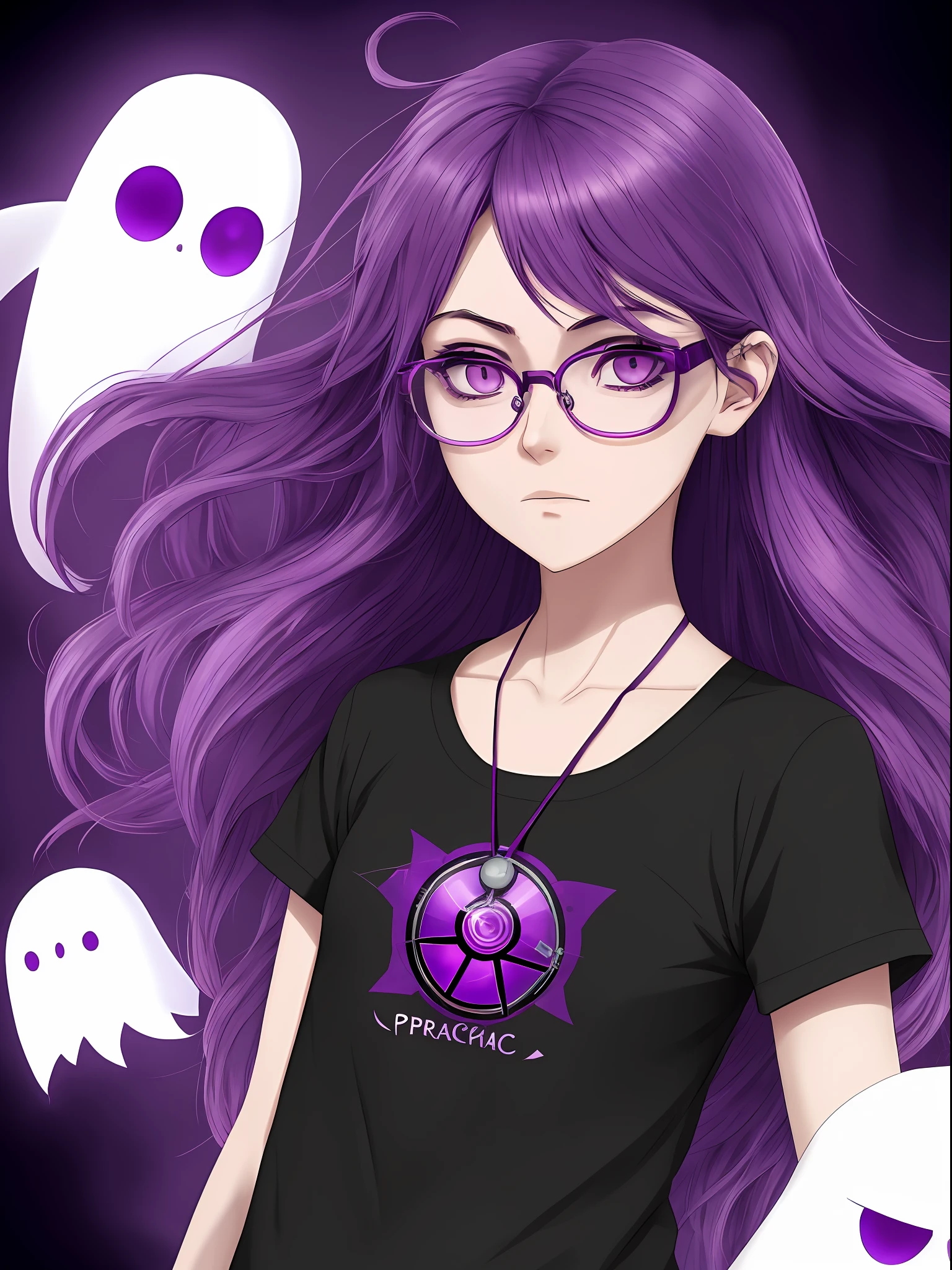 A drawing of a girl with purple hair and glasses, she has purple hair, like an anime character, 2D anime style, dark and depressed, in an anime style, "UKU the prismatic person, female protagonist: 8, pin in anime, anime style only, flat anime style, dark style, (pale young ghost girl)