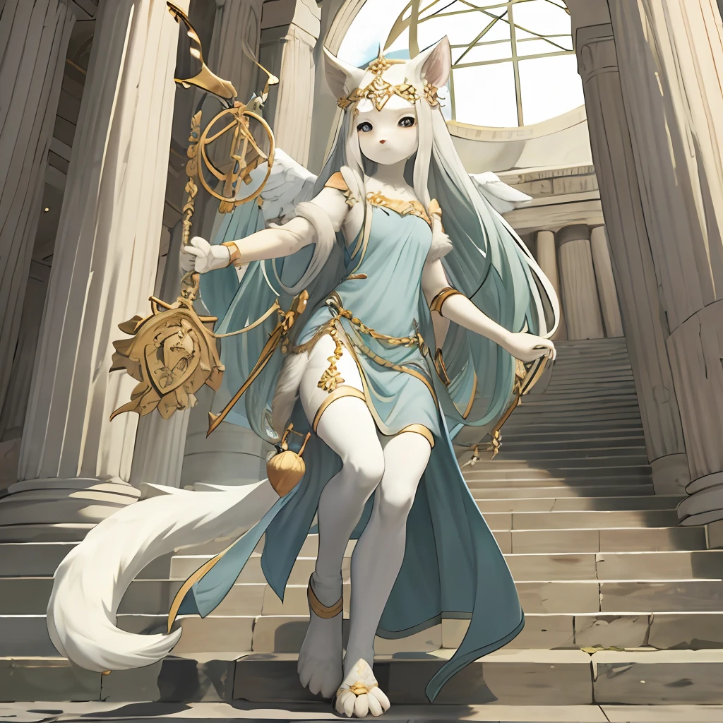 Mona Lisa, pale colors (Greek temple, stone staircase, animal sculpture) ultra-fine illustration, depth of field (very detailed beautiful face and eyes) perfect anatomy (angel-winged beastman, sage holding a staff in his hand) (furry anthro: 1.2) (fur covered body animal facial features animal body features)(animal muzzle highly detailed fur)chibi:1.5 full body open mouth(dynamic pose),