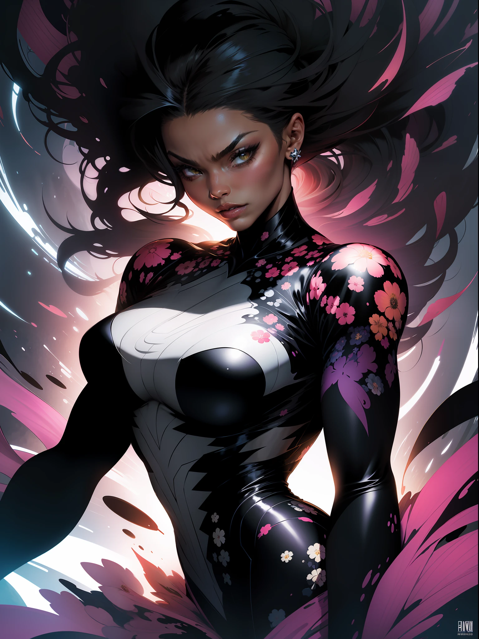 :: Comix style by Joe Madureira :: "Black woman'' , perfect and detailed, ultra detailed shirt with abstract design, with flower print on the sides of the dress, image of woman fighting with alien creature full of tentacles, with immersive effects, hover effect, graphite style background with vibrant colors "HDR ultra" detailed and with focus effect, (masterpiece: 1.2, best quality