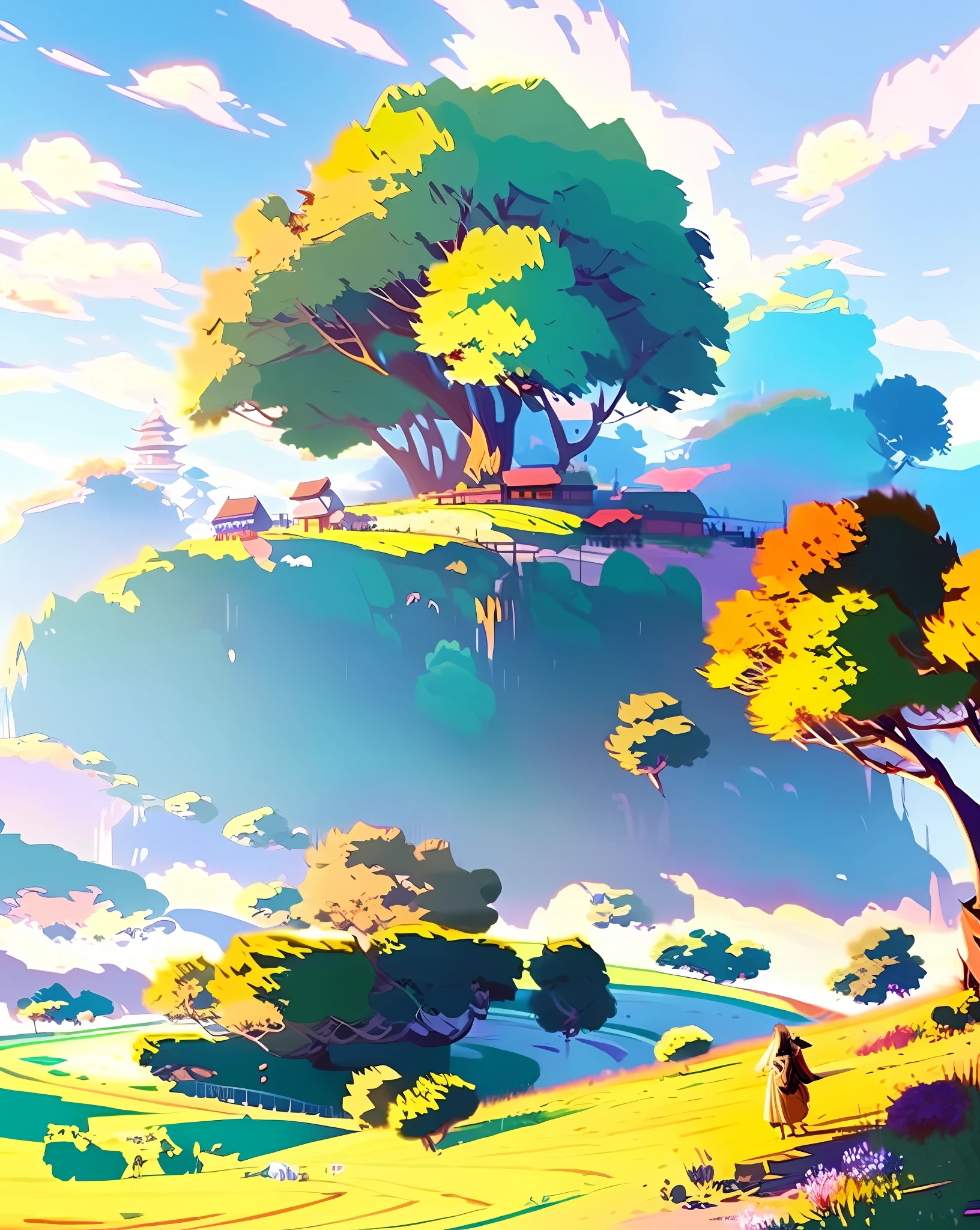 a picture taken from a video game of a person walking in a field, by sylvain sarrailh, makoto shinkai cyril rolando, anime background art, by Kubisi art, anime countryside landscape, anime nature, a beautiful artwork illustration, anime beautiful peace scene, ghibli artstyle, lofi colors, beautiful anime artwork, ghibli art style