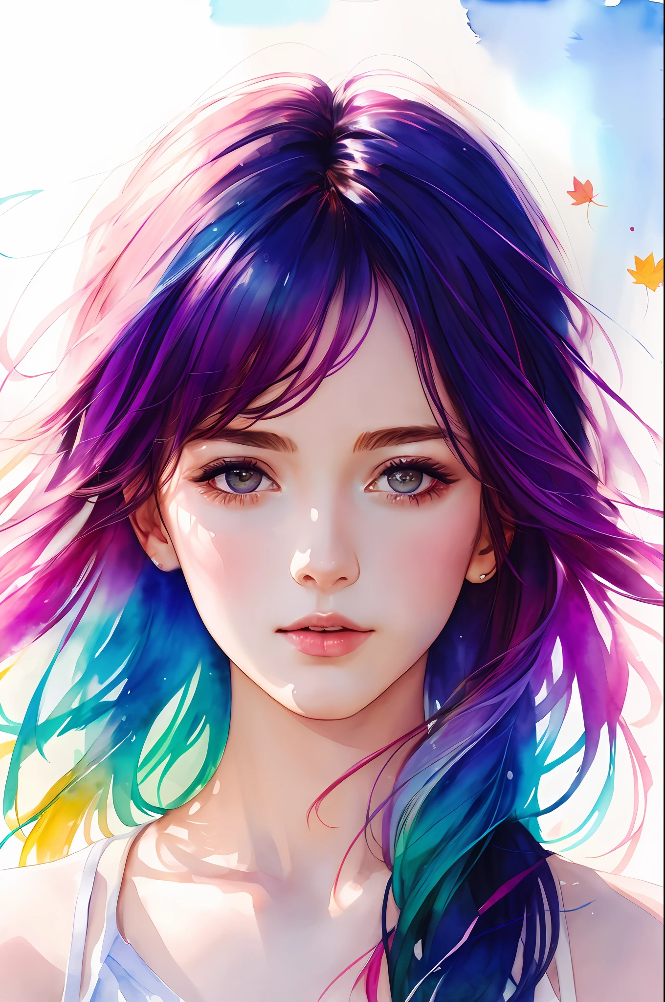 (8k, best quality, masterpiece:1.2),(best quality:1.0), (ultra highres:1.0), watercolor, a beautiful woman, shoulder, hair ribbons, by agnes cecile, half body portrait, extremely luminous bright design, pastel colors, (ink:1.3), autumn lights,