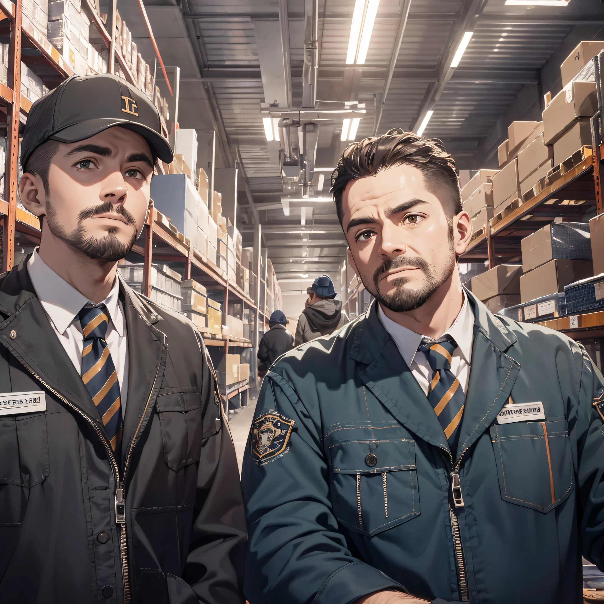 Absurd resolution, high resolution, (masterpiece: 1.4), hyper-detail, two repairmen, looking directly ahead, large warehouse, facing the camera in amazement