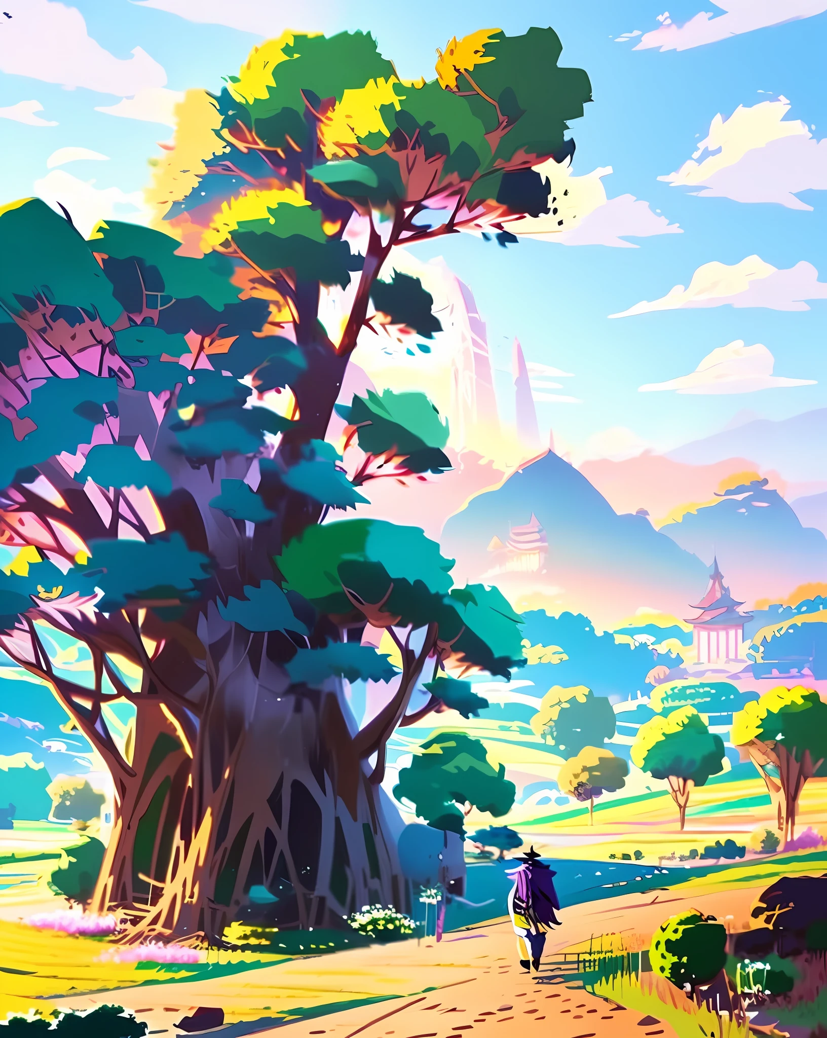 a picture taken from a video game of a person walking in a field, by sylvain sarrailh, makoto shinkai cyril rolando, anime background art, by Kubisi art, anime countryside landscape, anime nature, a beautiful artwork illustration, anime beautiful peace scene, ghibli artstyle, lofi colors, beautiful anime artwork, ghibli art style