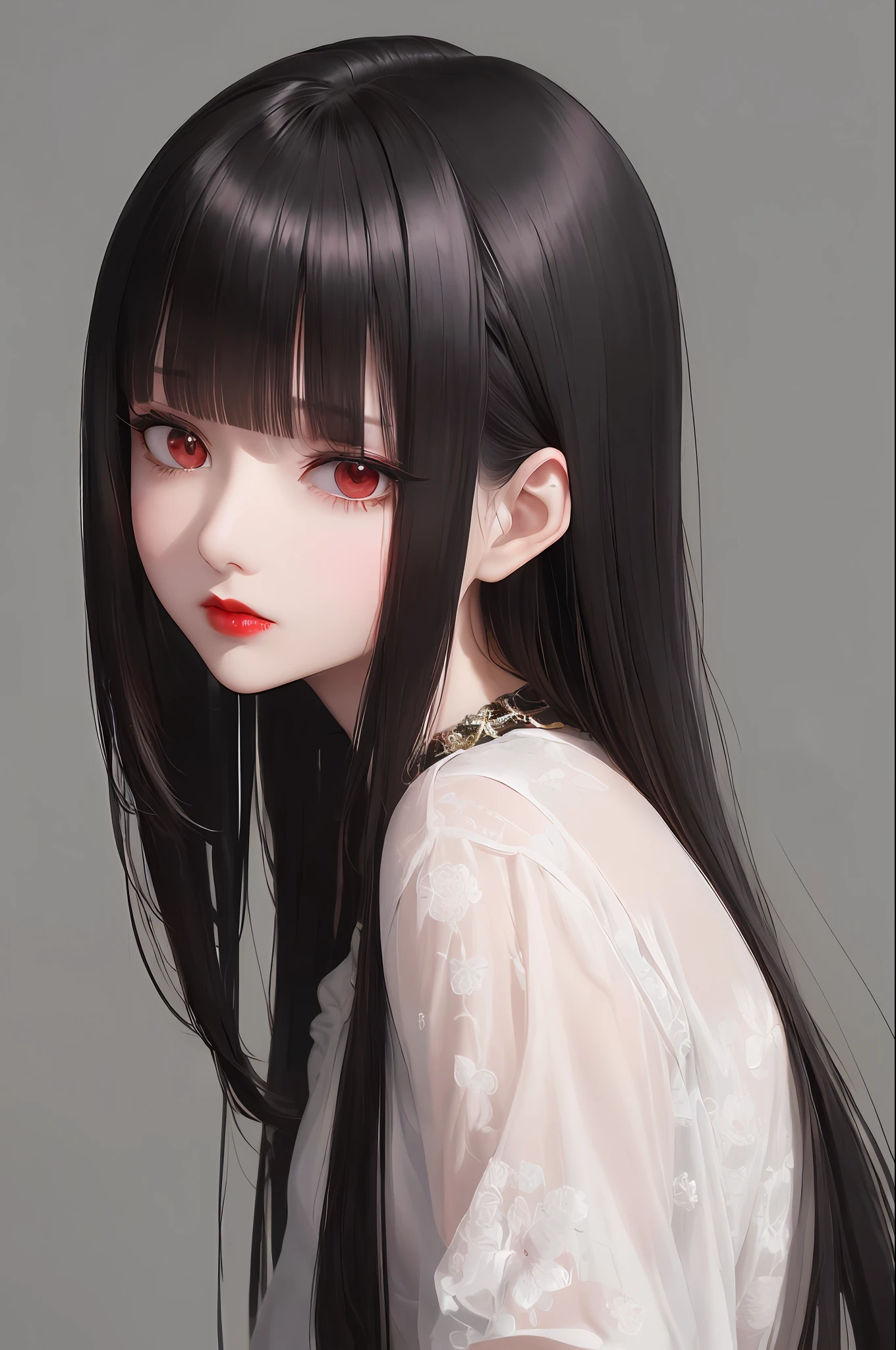 (very delicate and beautiful), Manju Shahua, (Manju Shahua on background) grotesque, scary, long bangs, (very delicate and beautiful), (hidden by bangs and blind) (simple clothes), (dark) (upper body) (red lipstick), (dynamic angle, portrait), (black hair), (black camisole), (simple clothes) beautiful face, white skin, depth of field, glowing lips, bright colors, ( (Expressionless), (Manju Shahua in the background) (Red Maniquia) (Hands on the face) (Manju Shahua in the background))