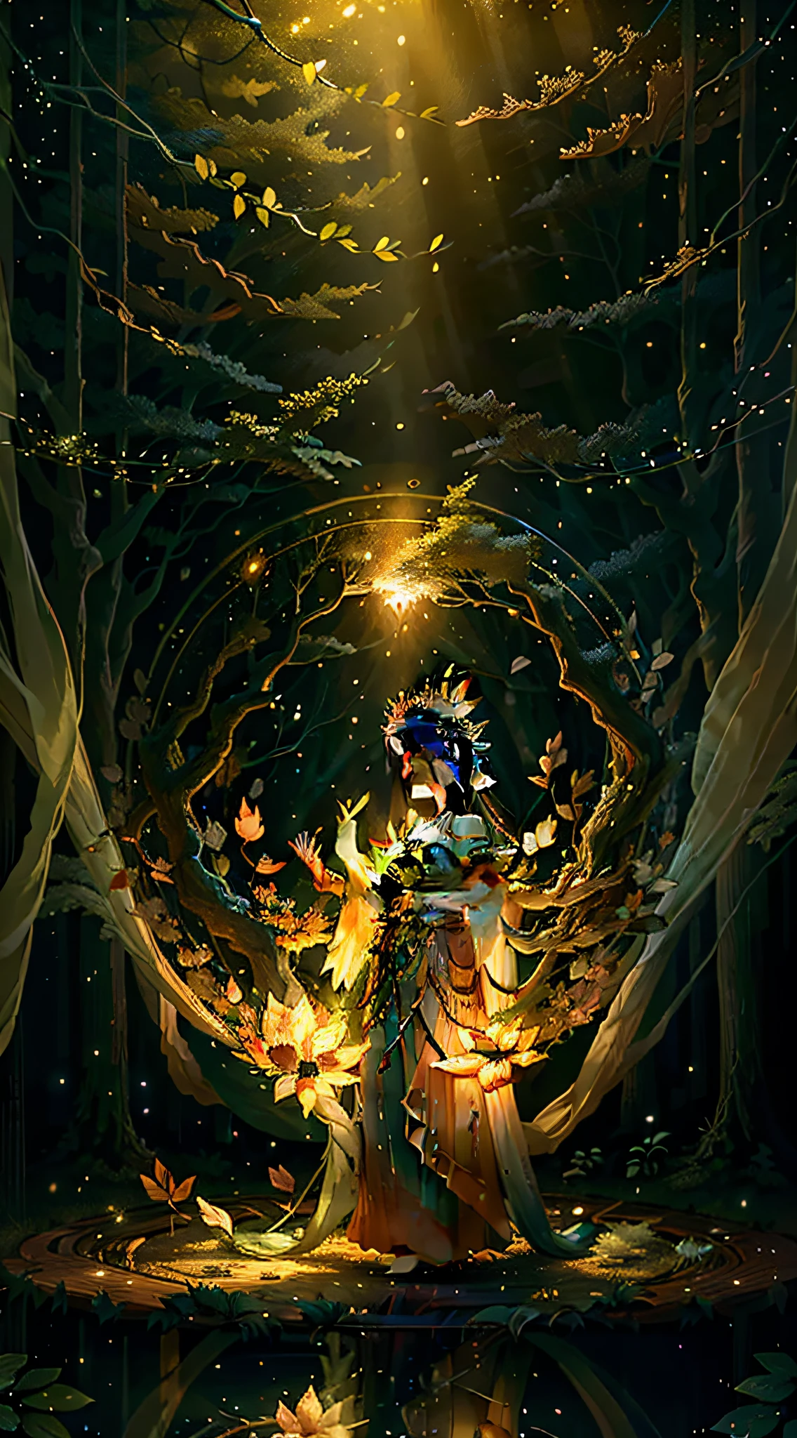 Masterpiece, best quality, extremely beautiful reflection, best reflection. (Very detailed CG unity 8k wallpaper), (best quality), (best illustration), (best shadow), forest theme with natural elements. Tall trees, quiet stream, glowing little mushrooms, surrounded by delicate leaves and branches, as well as fireflies and glowing particle effects, maide, standing, water, (natural elements), (jungle theme), (leaves), (branches), (fireflies), butterflies, (delicate leaves), (glow), (particle effects). , isometric 3D, Octane rendering, ray tracing, super detailed,