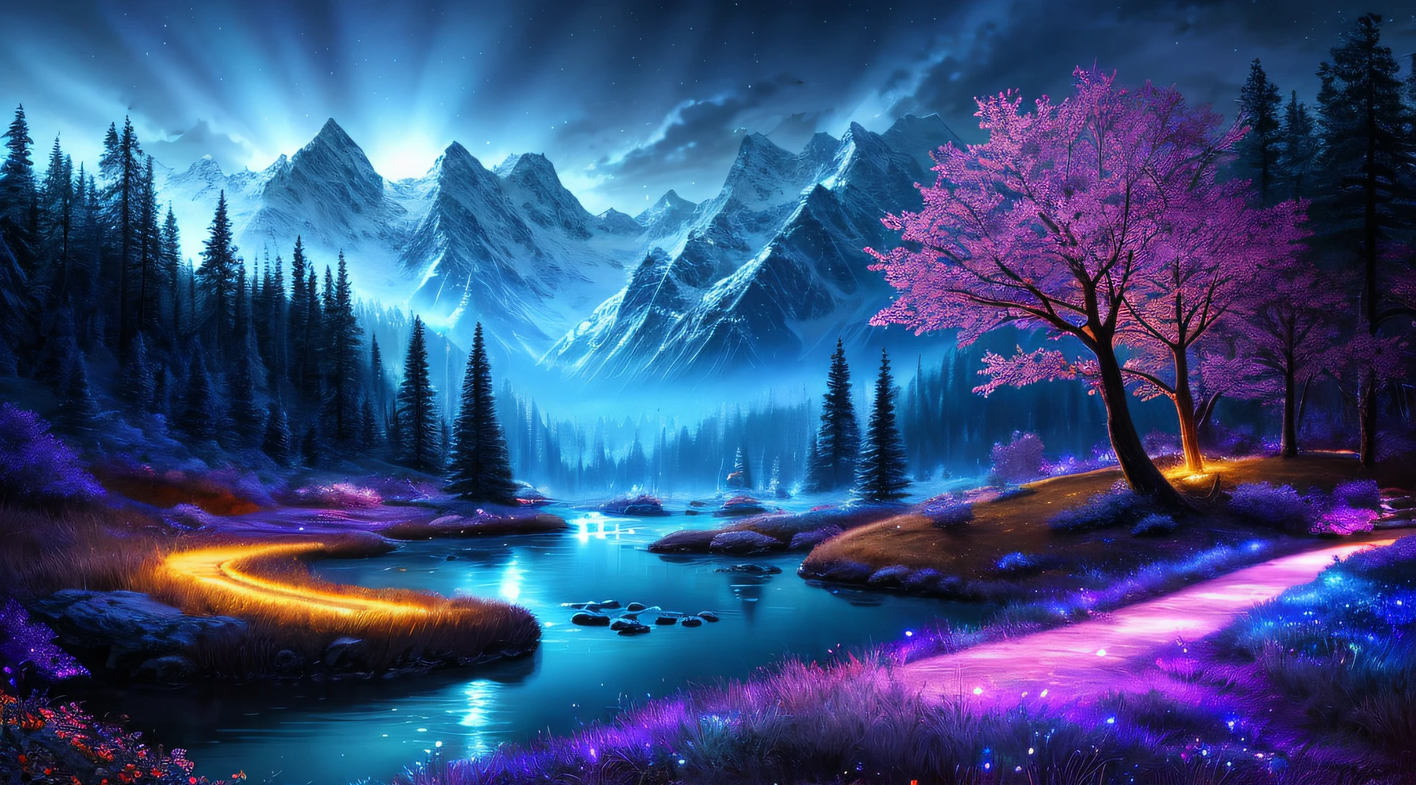 best quality, masterpiece, beautiful wild and natural fantasy landscape with glowing lights