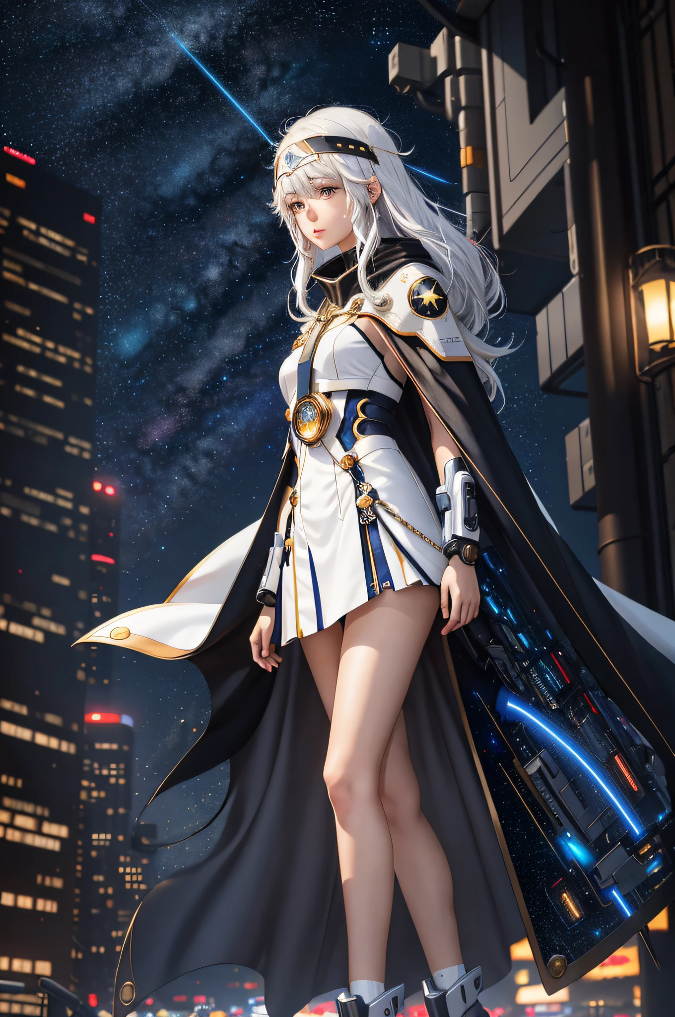 Masterpiece, best quality, 4k, mecha, starry sky, sky, stars\(sky\), cape, headband, slender legs, long hair, white hair, cyberpunk, depth of field, blurred background,