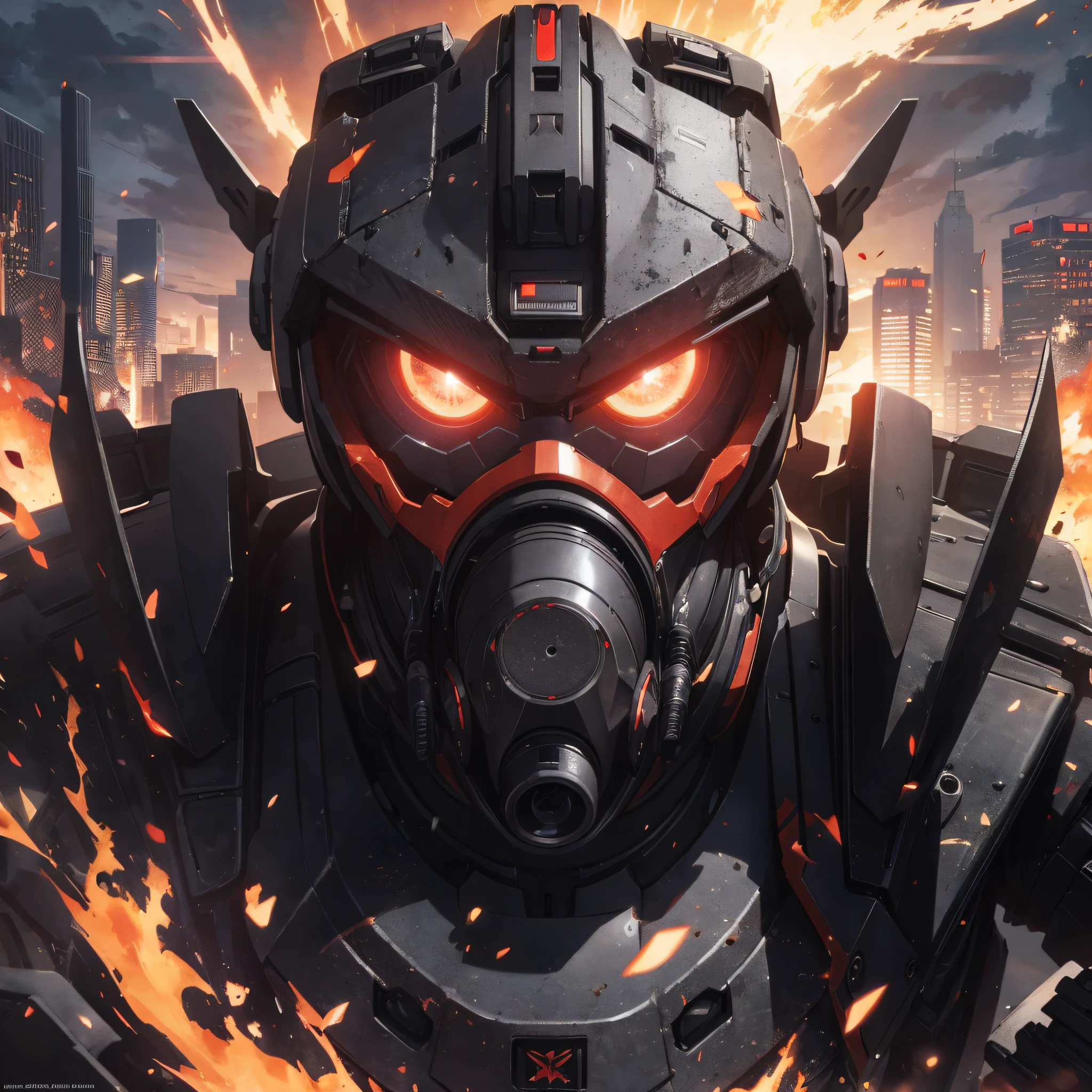 Absurd resolution, high resolution, (masterpiece: 1.4), hyper-detail, a mech, black armor, large warehouse, open eyes, red glasses, facing the lens, fire