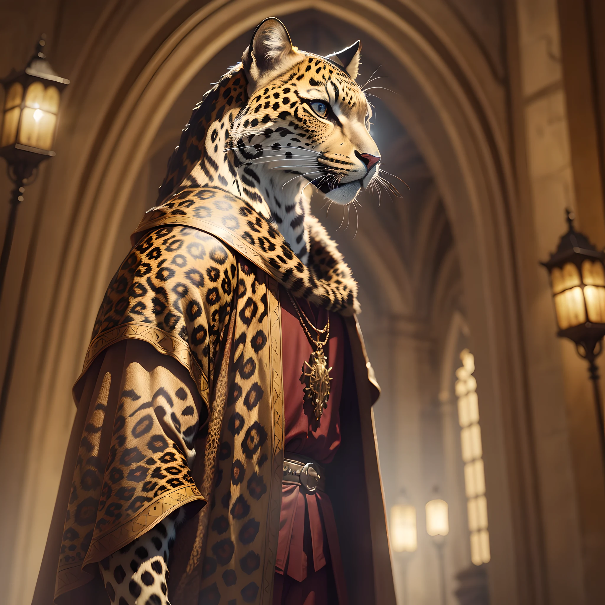 Anthropomorphic animal wearing medieval clothes, medieval era, leopard, backlighting, silhouette, high detail, cinematic lighting, Renaissance, glowing light, high details, super detail, 16k --auto --s2