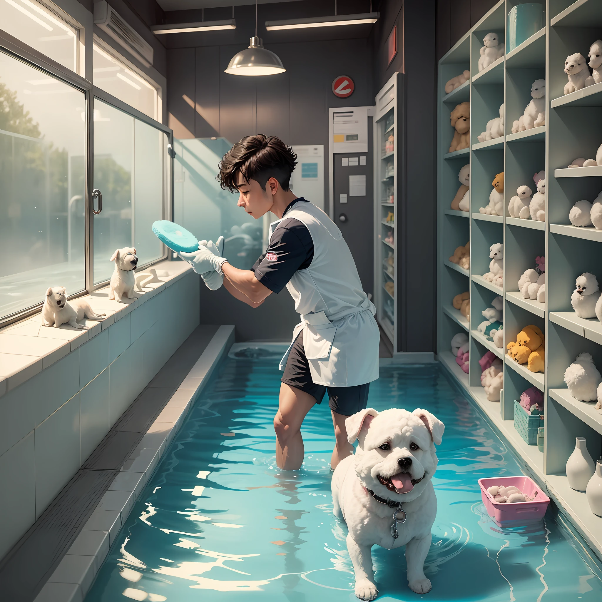 The main body is a pet store, the clerk is bathing a Bichon dog, the puppy is standing in the pool, his body is covered in foam, and the clerk is scrubbing with gloves --auto --s2