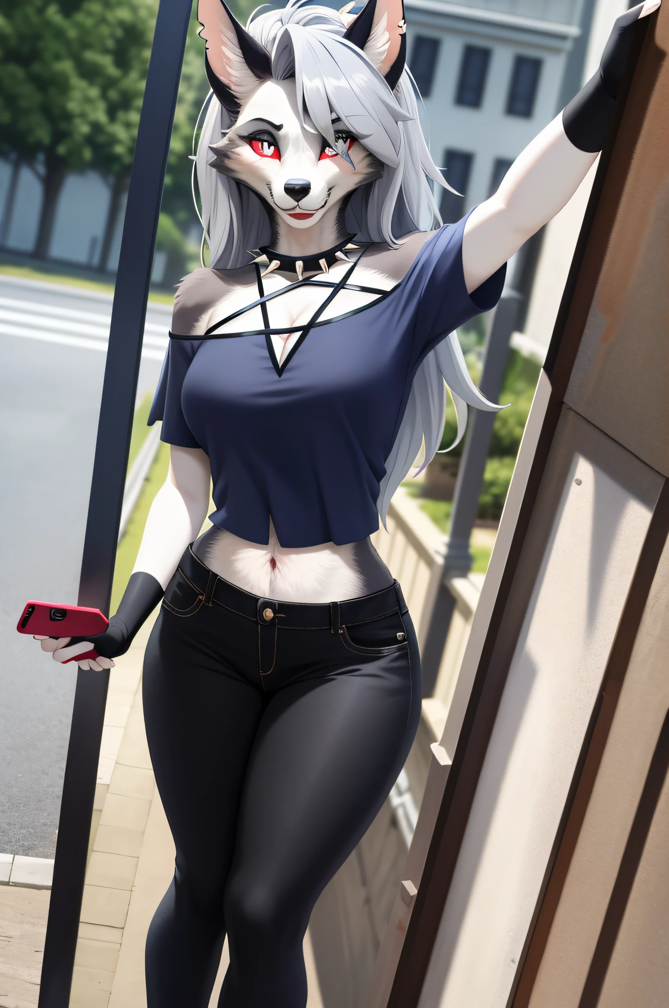 masterpiece, best quality, facial portrait of a female anthro loona hellhound, loonacroptop, detailed face, detailed eyes, cut pupils, white eyes, red sclera, happy, tight pants, tight and detailed black leggings, [smile, [spiked necklace], pentagram], standing, standing, looking at the viewer, outside, nature in the background, coquettish expression, somewhat large thighs, selfie, taking a selfie,  Winking eye