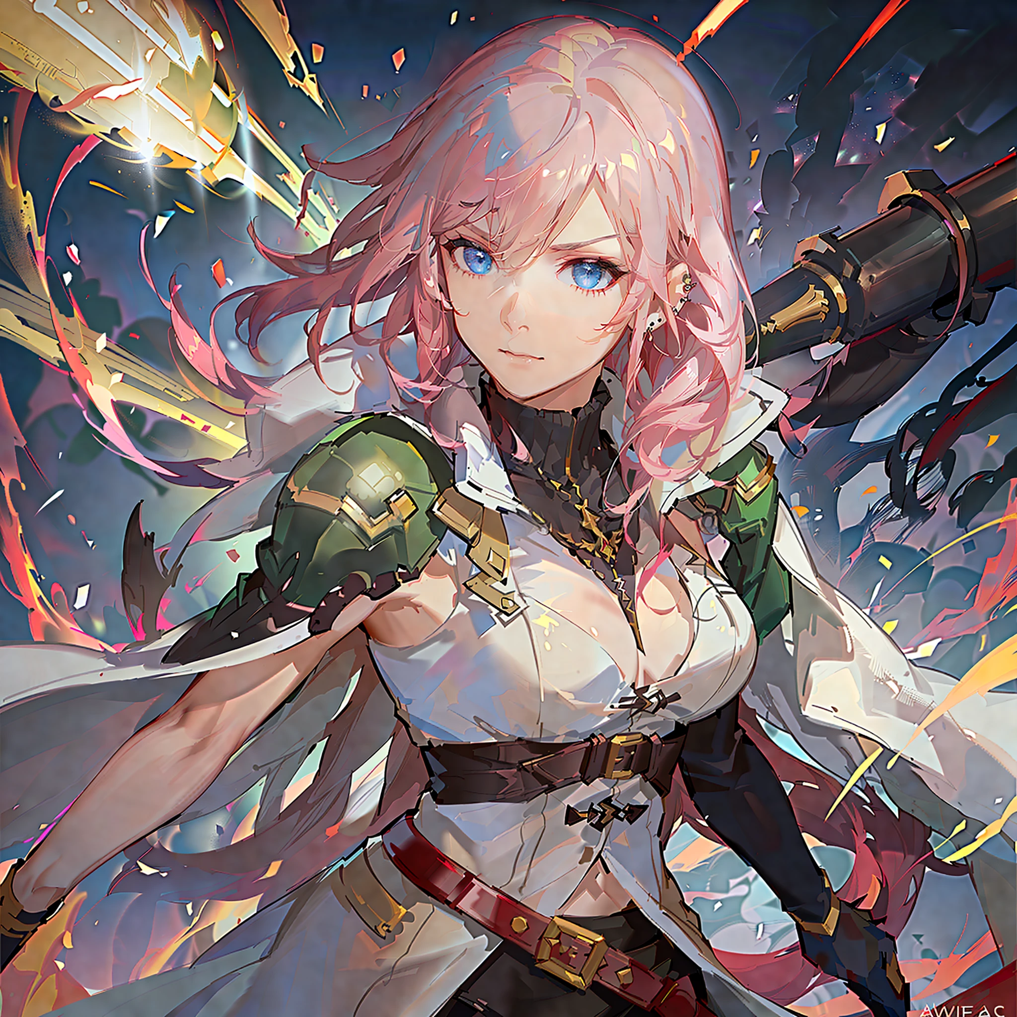 Lightning, the iconic character from Final Fantasy 13, strikes a powerful and dynamic pose. She exudes an aura of strength and determination as she stands tall. With her striking appearance, she possesses a combination of elegance and fierceness. Lightning has vibrant pink hair styled in a layered bob, accentuating her sharp features. Her piercing blue eyes shine with intensity and focus, she wear uniform with an ankle-length red cape attached to the left side of her back and a light burgundy leather detachable pocket on her left leg. The green metallic pauldron over her left shoulder bearing yellow stripes denotes her previous rank as a sergeant. She carries her gunblade in a black case that hangs off her belt and wears a necklace with a lightning bolt pendant, Powerful, dynamic, strong, elegant, fierce, vibrant, sharp features, intense, futuristic, combat outfit, flowing cape, high-tech gauntlet, High resolution, detailed character model, dramatic lighting, realistic textures, intricate armor design, cinematic view, Unreal Engine 5, dynamic shadows, special effects for the electric energy, highly detailed facial expression, vibrant colors, epic background, 4K UHD image