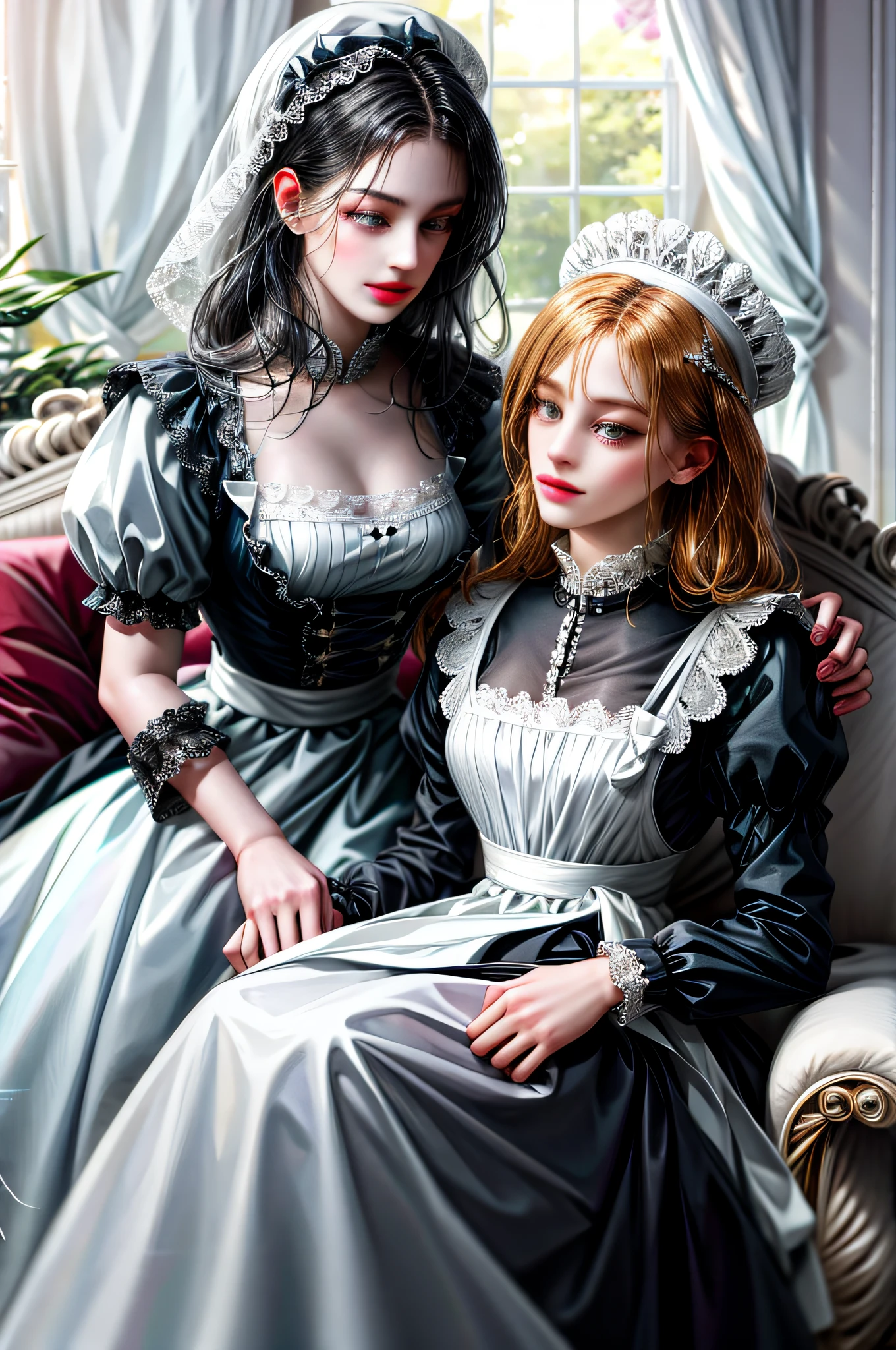 (absurd, high resolution, ultra detailed), (absurd, highres, ultra detailed), 2girl, two maids in love with each other, lesbians, lesbian couple, maids' clothes with ankle-length dresses, with long sleeves and high collars, black and white, the skirts used to be wide and frilly, while the blouses have lace details or ribbons. In addition, they wear white aprons over dresses and hats on their heads.