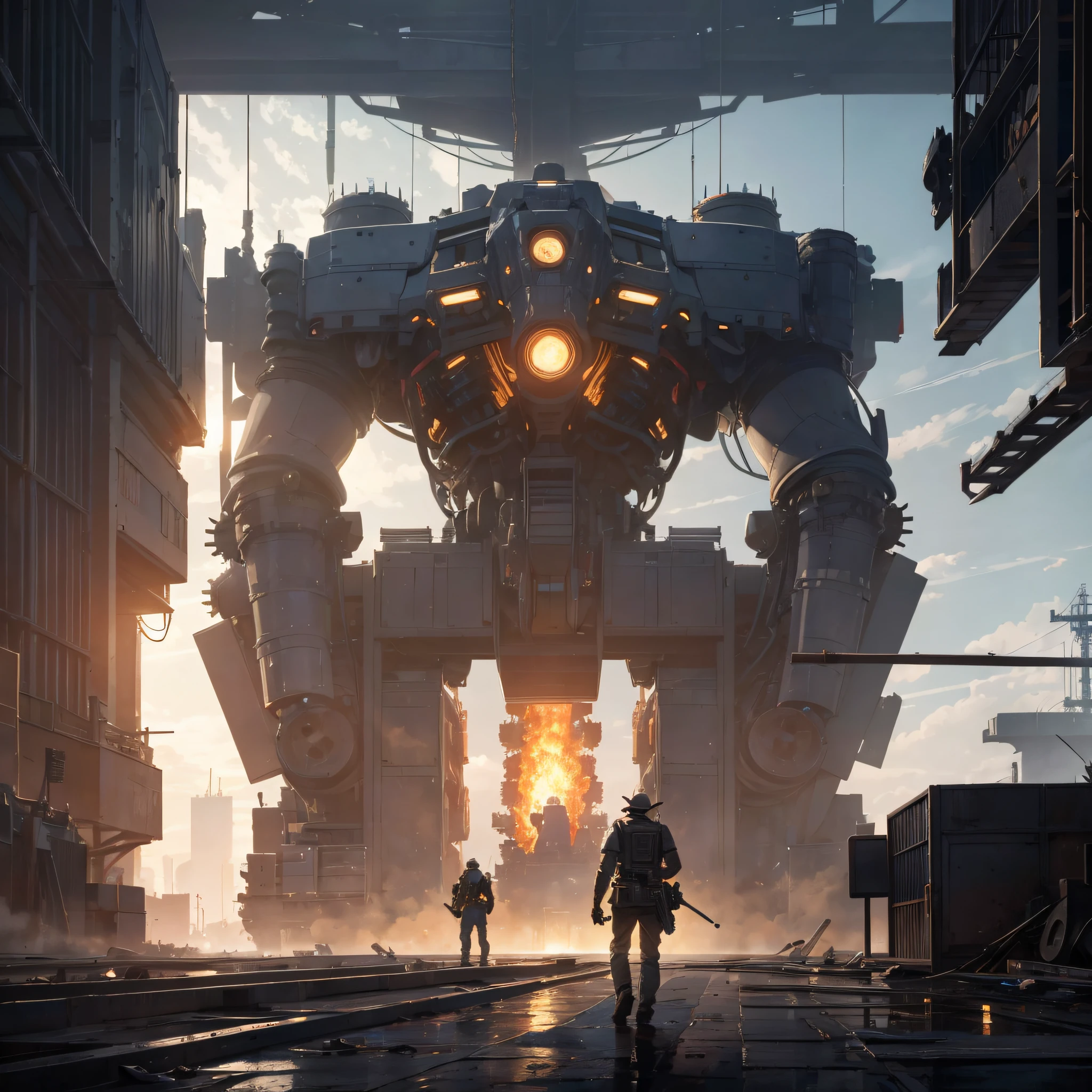 Absurd resolution, high resolution, (masterpiece: 1.4), hyper-detail, two repairmen, looking straight ahead, large warehouse, facing the lens, repairing large mechs, firelight