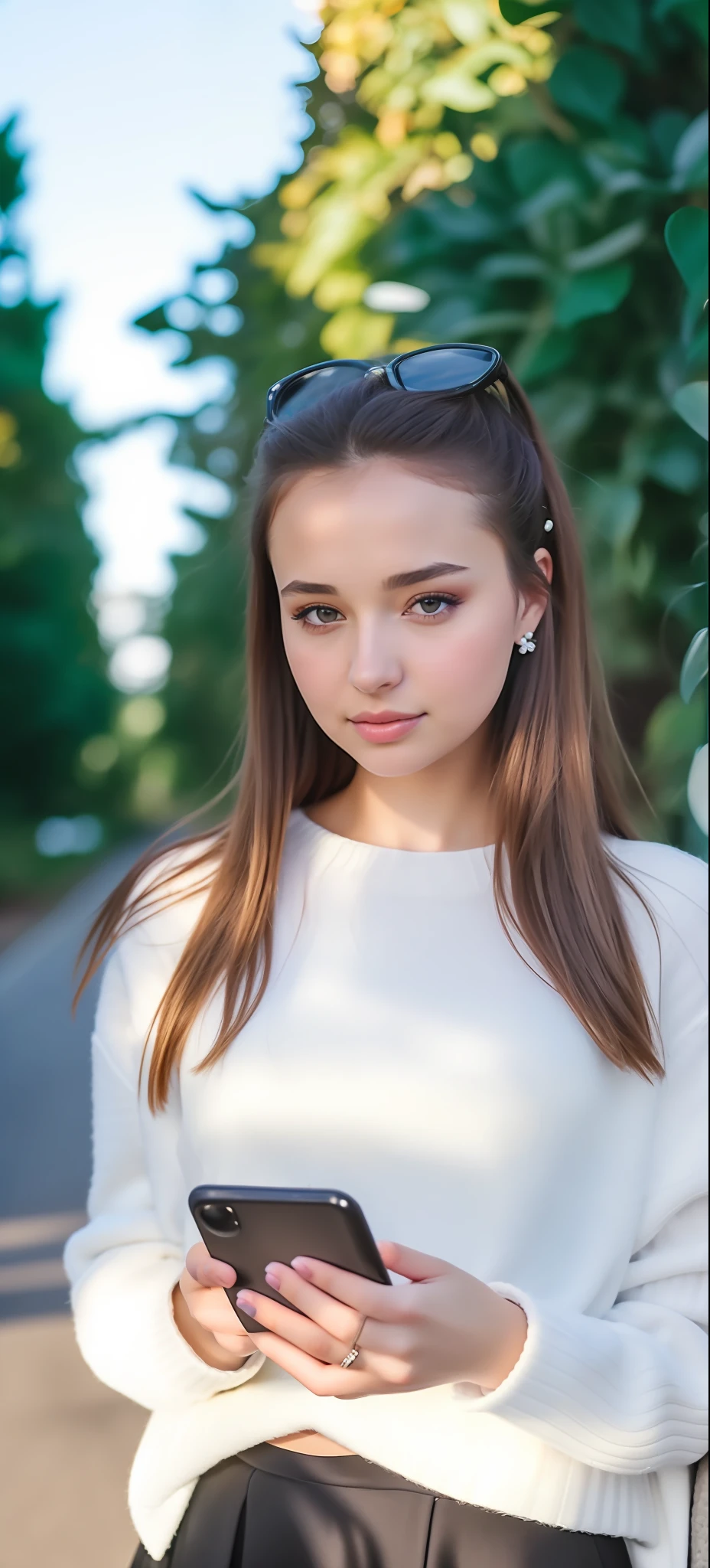 a close up of a woman in a white sweater and black skirt holding a cell phone, portrait sophie mudd, pokimane, dasha taran, ekaterina, soft portrait shot 8 k, teen girl, cute young girl, young teen, teenage girl, teenager girl, mid shot portrait, young and cute girl, beautiful young girl, portrait shot 8 k