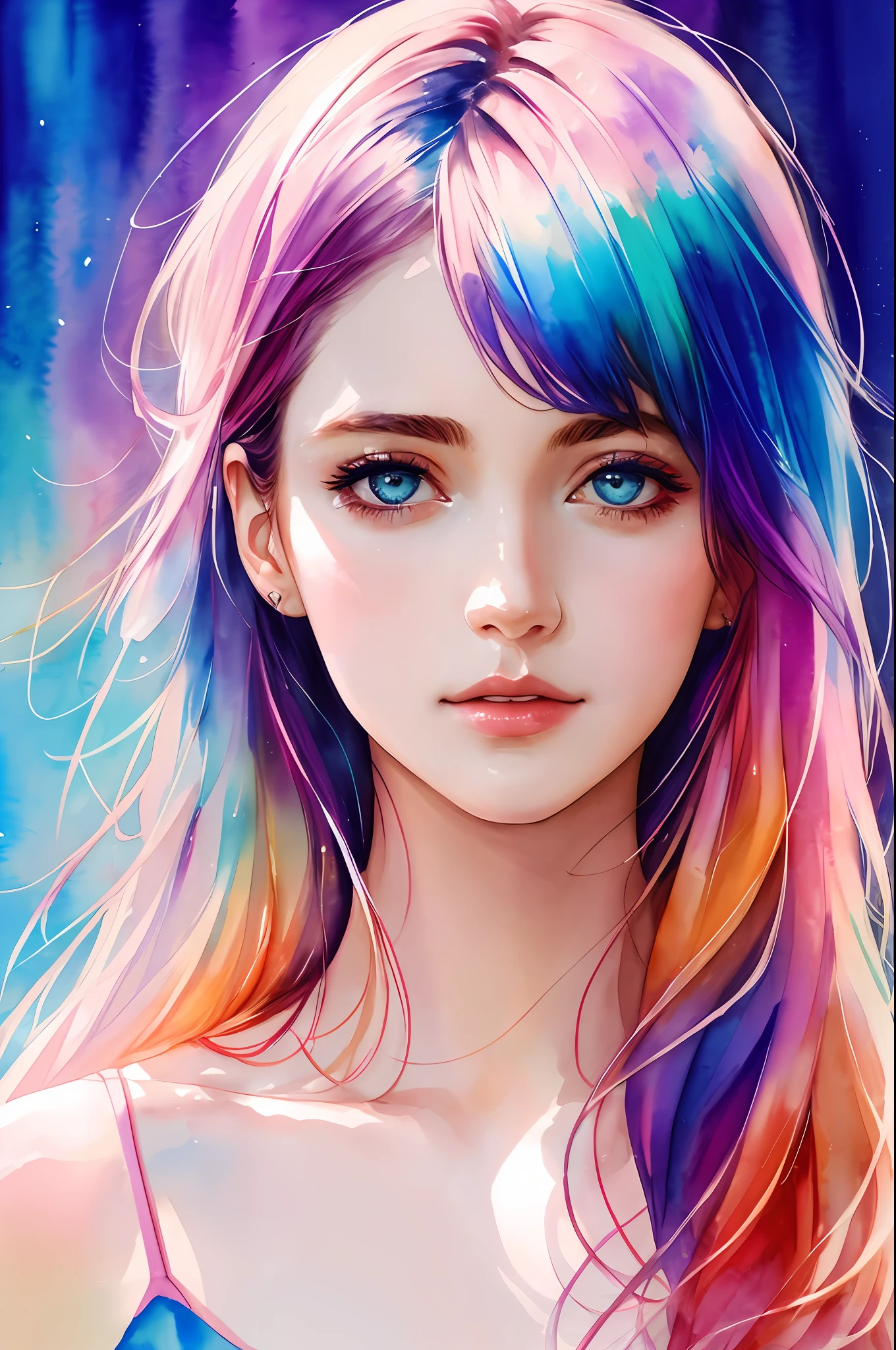(8k, best quality, masterpiece:1.2),(best quality:1.0), (ultra highres:1.0), watercolor, a beautiful woman, shoulder, hair ribbons, by agnes cecile, half body portrait, extremely luminous bright design, pastel colors, (ink:1.3), autumn lights,