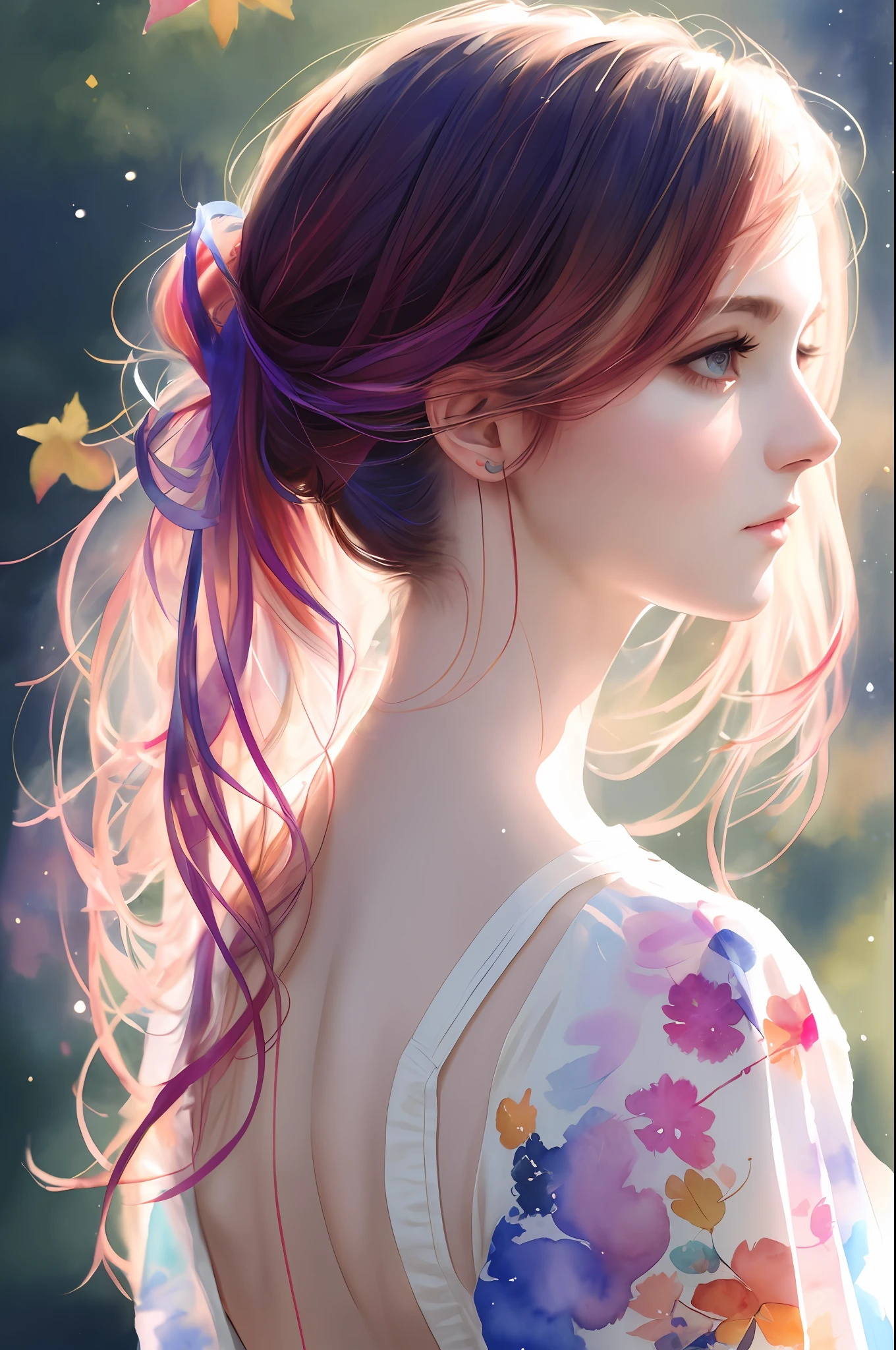 (8k, best quality, masterpiece:1.2),(best quality:1.0), (ultra highres:1.0), watercolor, a beautiful woman, shoulder, hair ribbons, by agnes cecile, half body portrait, extremely luminous bright design, pastel colors, (ink:1.3), autumn lights,