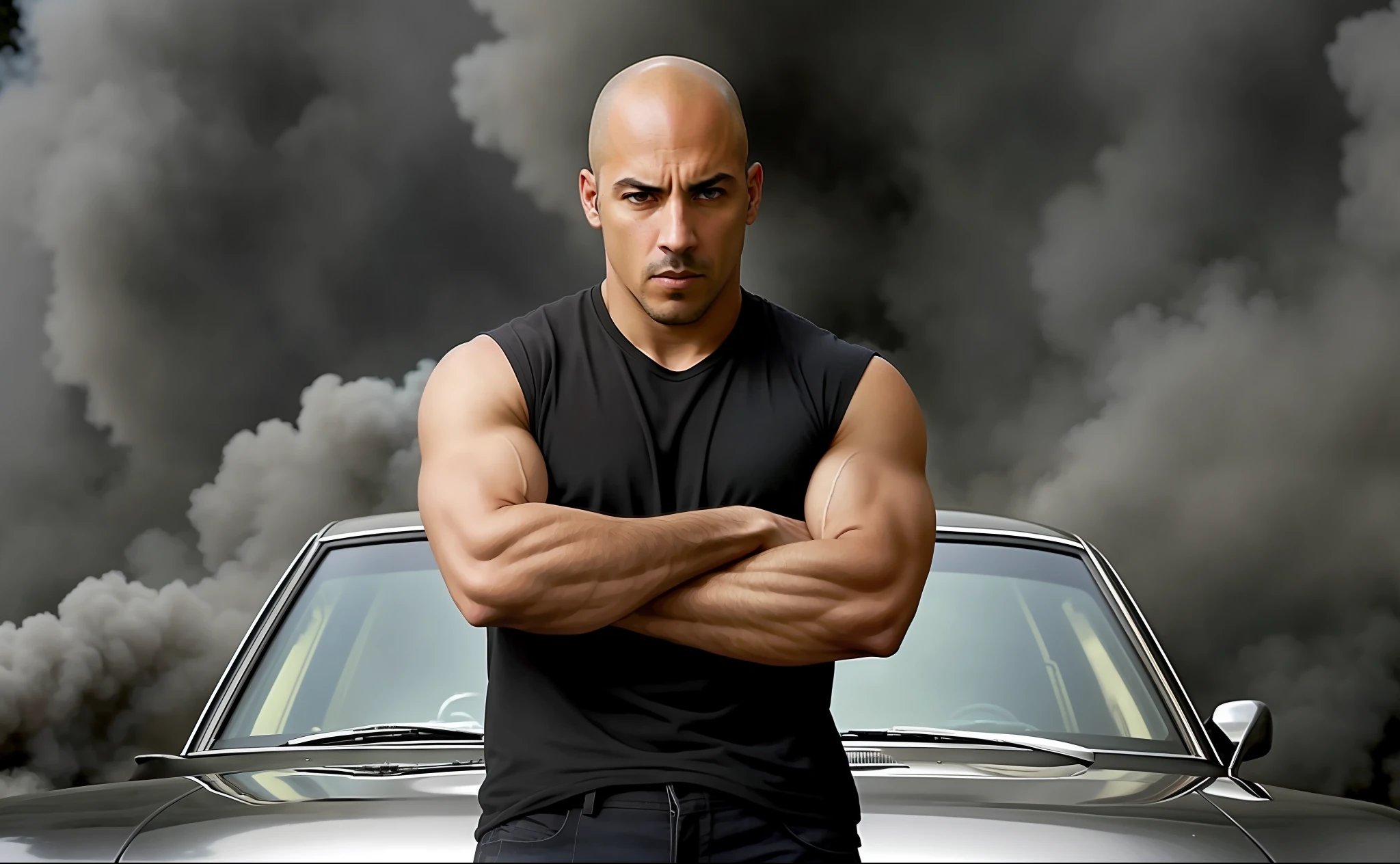 Man standing in front of a car with smoke all around, Dominic Toretto, fast and furious, bald head and menacing look, bald man, he is wearing a black T-shirt, Gary Montalbano, fast and furious, inspired by Alexander Fedosav, muscular bald man