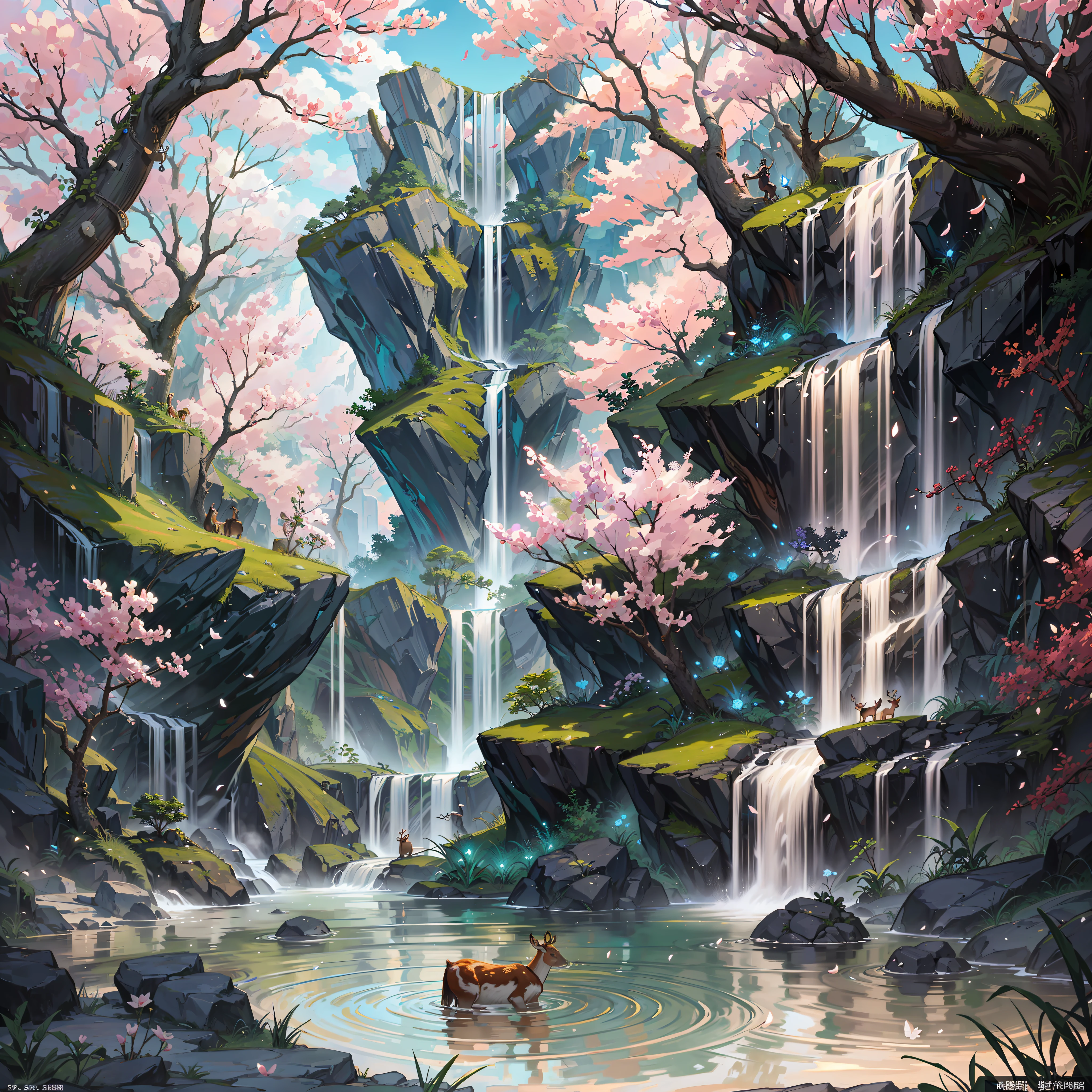 Chinese ancient times, spring, jungle, lake, cave, waterfall, tree, meadow, rock, deer, hot spring, water vapor, (illustration: 1.0), epic composition, realistic lighting, HD details, masterpiece, best quality, (very detailed CG unified 8k wallpaper) --auto --s2
