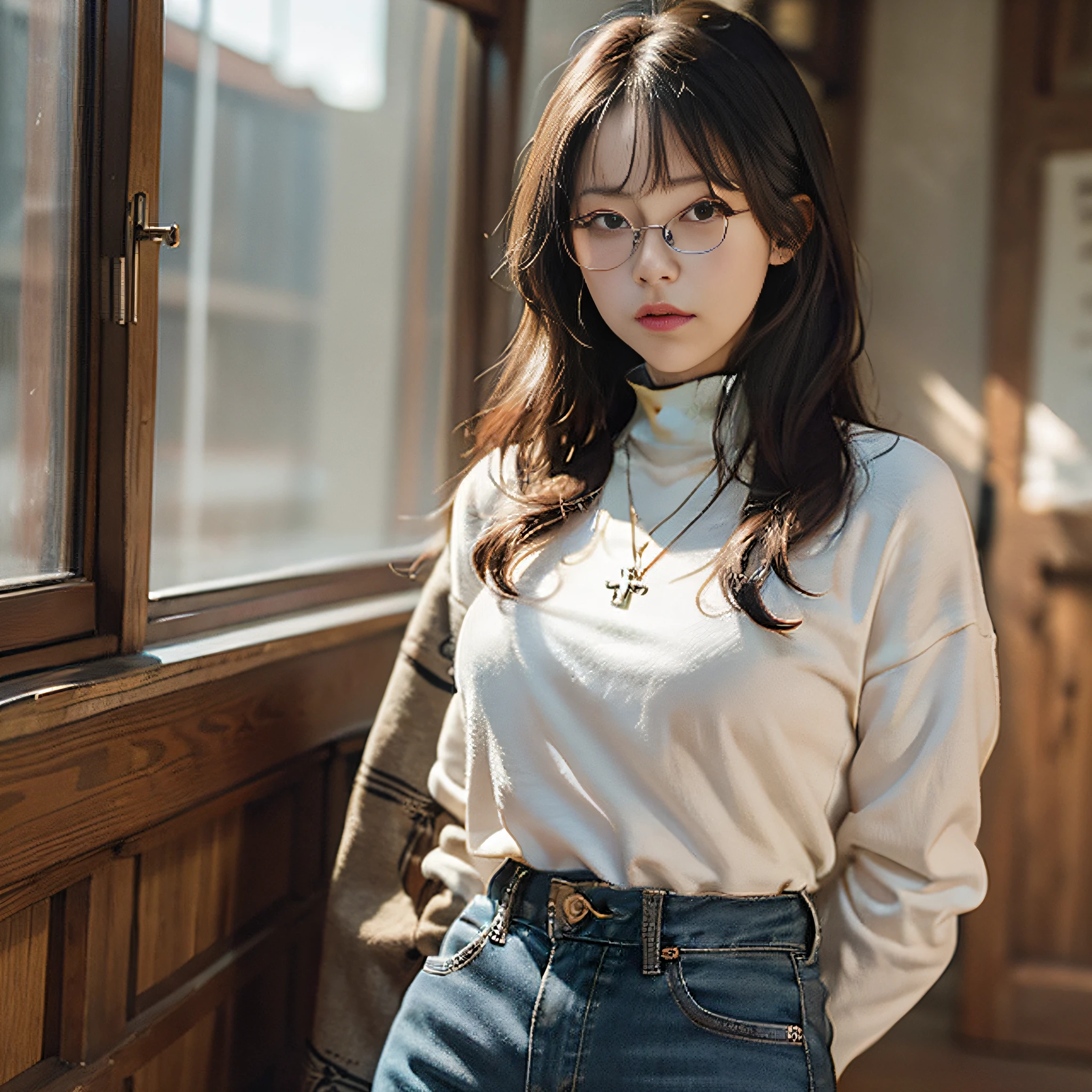 there is a woman standing by a window with a cross on her neck, korean women's fashion model, in white turtleneck shirt, wearing thin large round glasses, lofi portrait at a window, korean girl, ulzzang, mid shot portrait, with glasses, wearing small round glasses, with square glasses, casual clothing style, gorgeous young korean woman