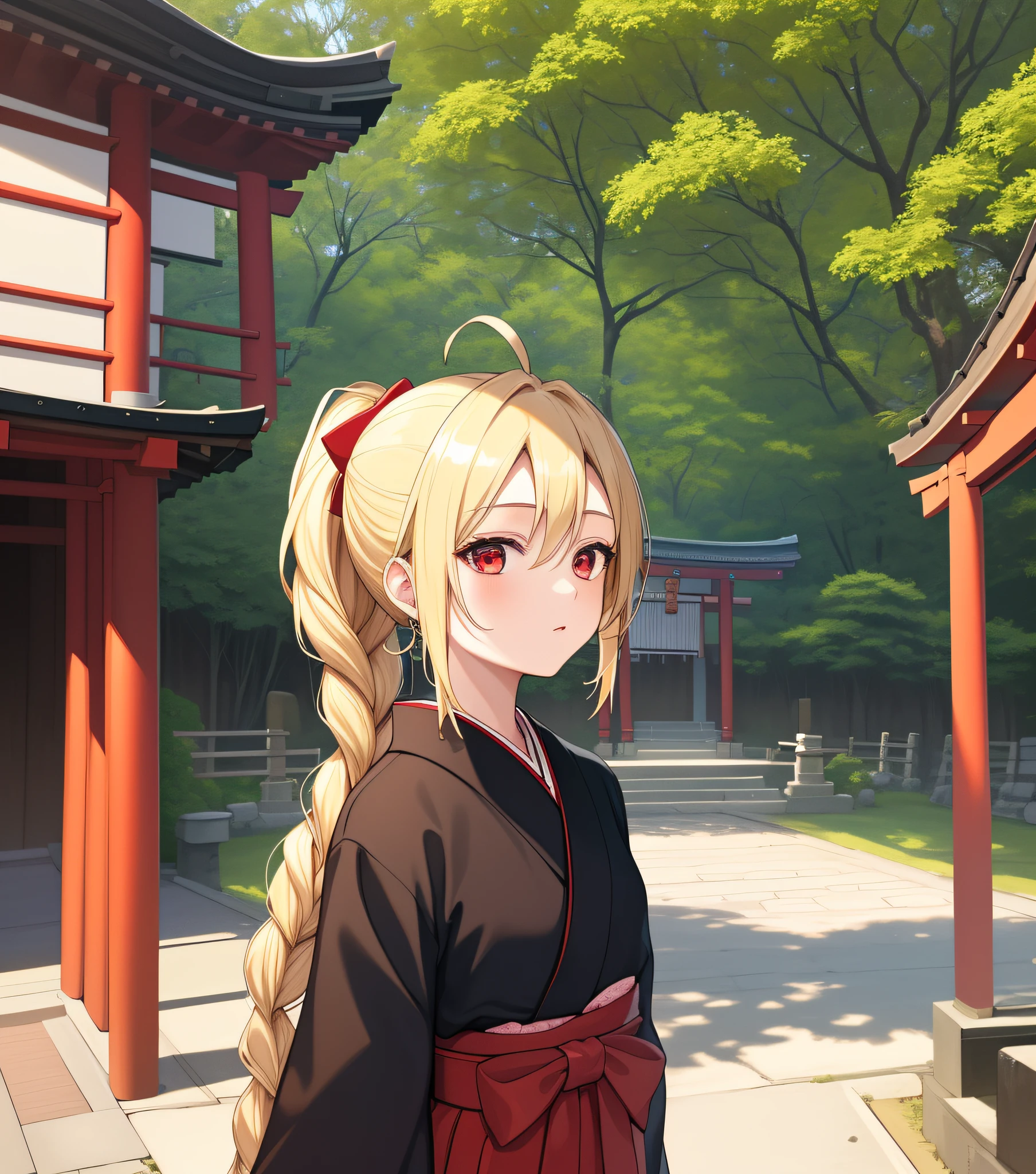 Masterpiece, Best Quality, 1 Girl, Solo, 1 Girl, (lambda11), (Blonde hair, Black hair), Red eyes, Braid, Middle chest, Kimono, Floral, Temple, Japan, Outdoor, (Kyudojo, Dojo), Kyudogi, Hakama, Tabi, Obi, Bow, Ponytail