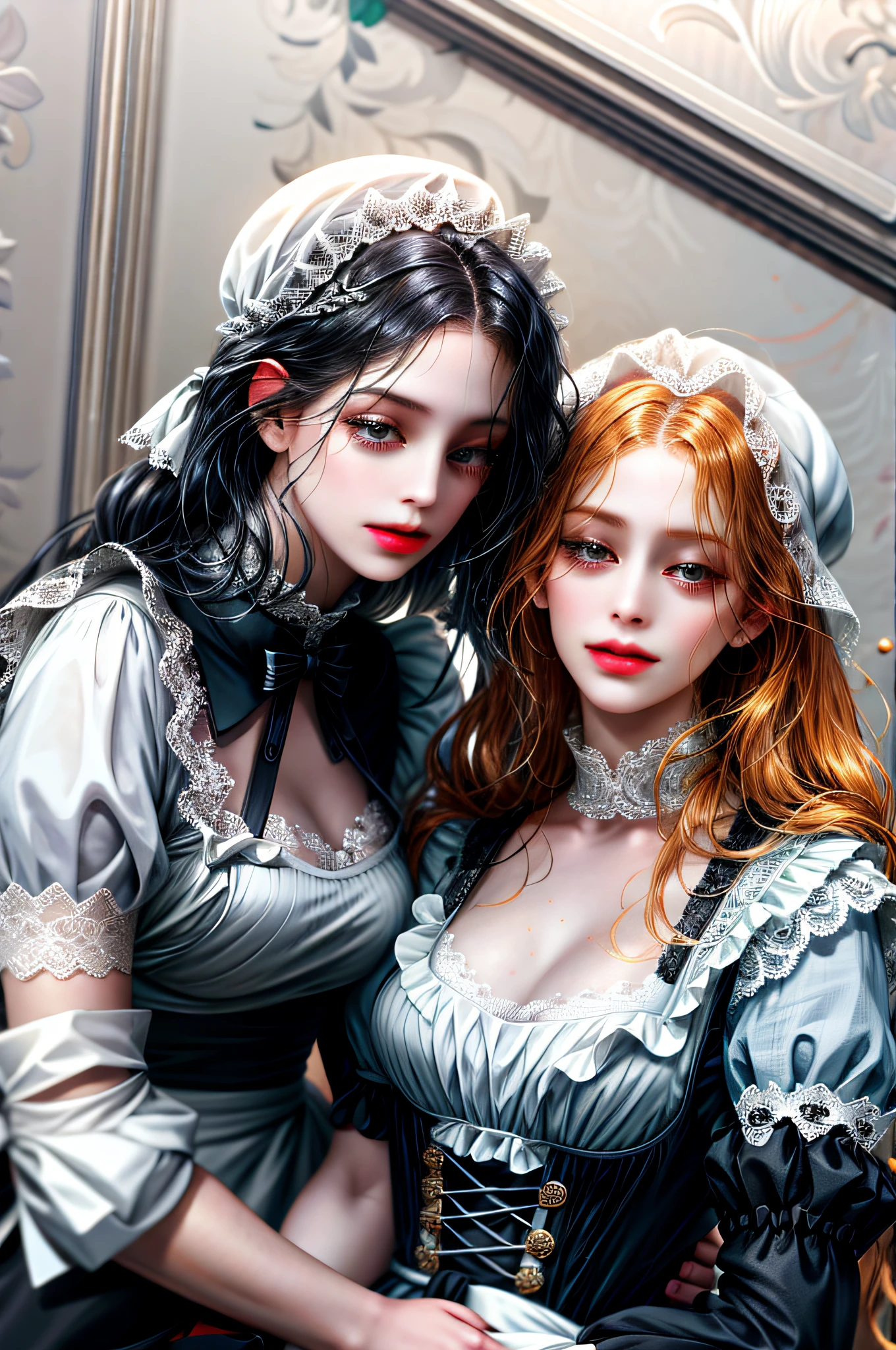 (absurd, high resolution, ultra detailed), (absurd, highres, ultra detailed), 2girl, two maids in love with each other, lesbians, lesbian couple, maids' clothes with ankle-length dresses, with long sleeves and high collars, black and white, the skirts used to be wide and frilly, while the blouses have lace details or ribbons. In addition, they wear white aprons over dresses and hats on their heads.