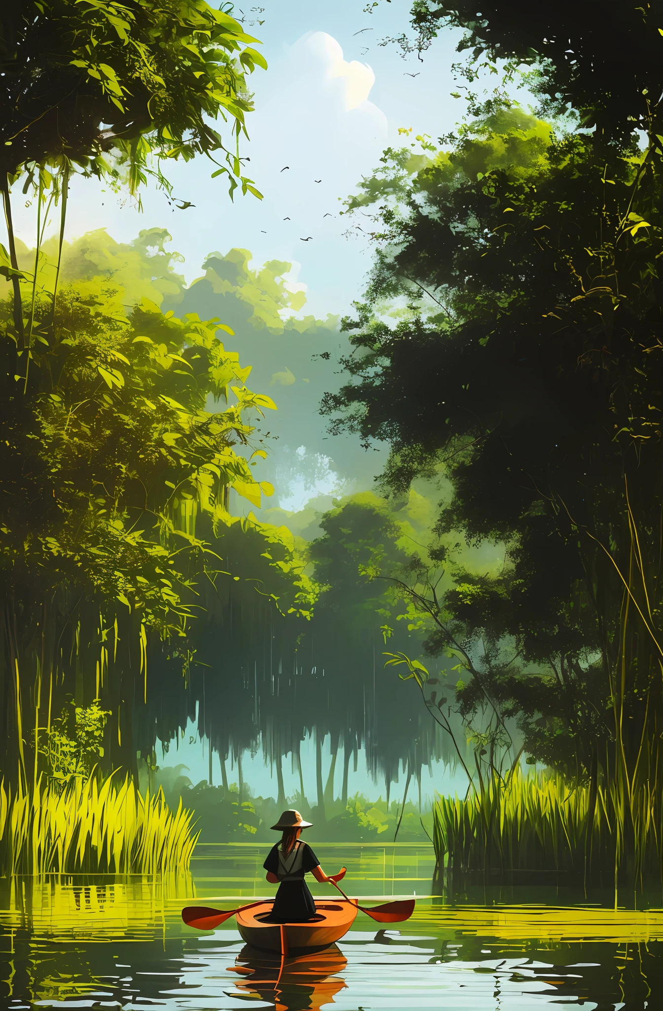 1girl, Scenic view of Ba Be Lake, lush surrounding jungle, traditional stilt houses. Paddling boats, wildlife sounds, tranquil water. Serene, captivating. Digital painting, realistic. Soft sunlight, reflective water. Lake-level perspective, depth of field. Detailed vegetation, ultra-resolution, 16K.