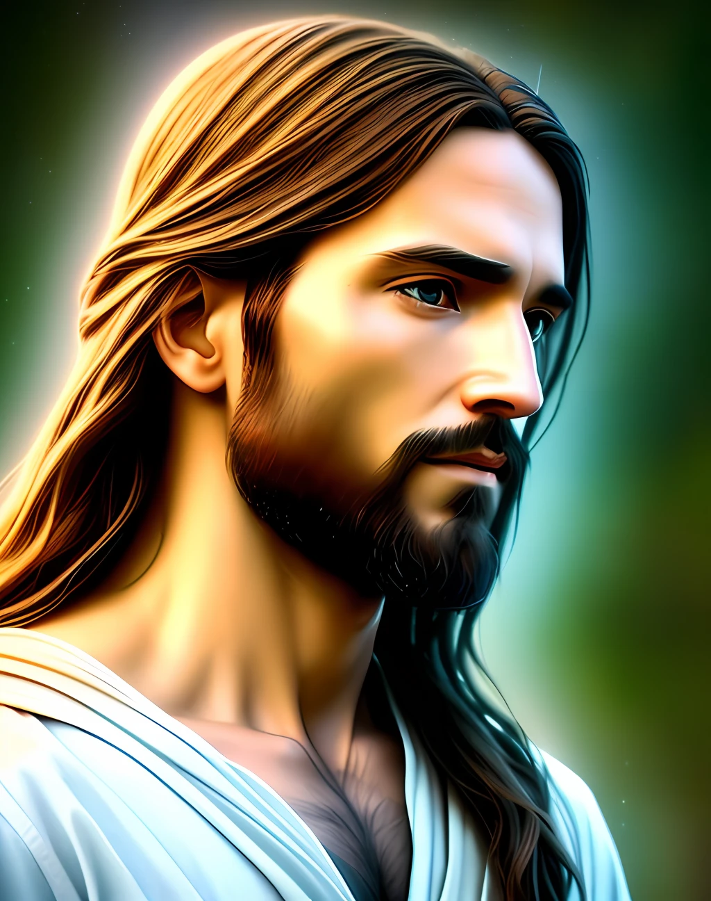 Create a unique realistic photograph of Jesus Christ that depicts the beauty, serenity, and divinity of Jesus. Create art that touches hearts and inspires a deep spiritual connection