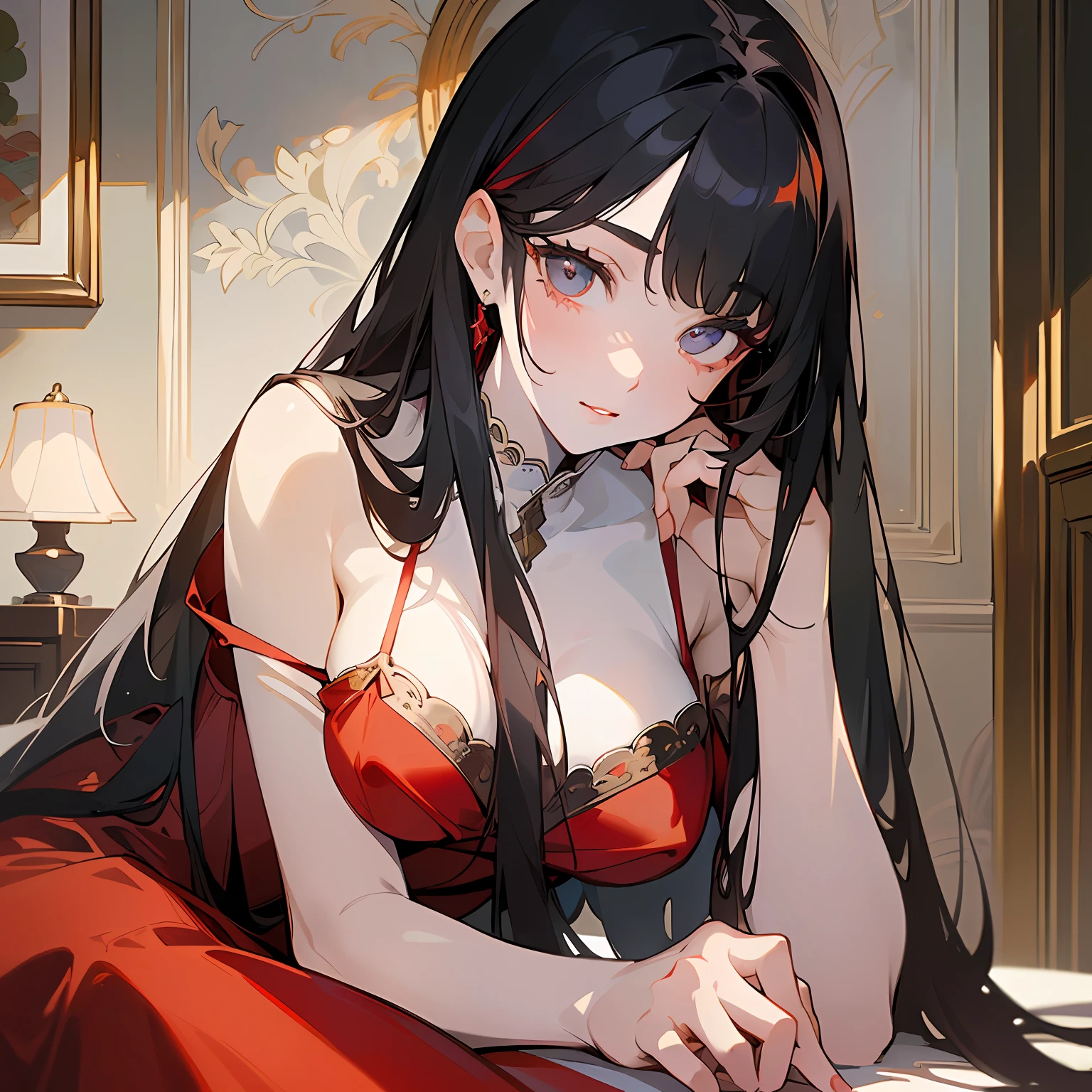 (artwork), (masterpiece), (best quality:1.4), (best artist), (detailed eyes+colored iris), (illustrative setting:1.2), (natural lighting:1.2), (eyes+red+detailed:1.2), (1girl), long straight black hair with bangs, (white skin+white+porcelain), wearing a beautiful red silk dress, beautiful bedroom background