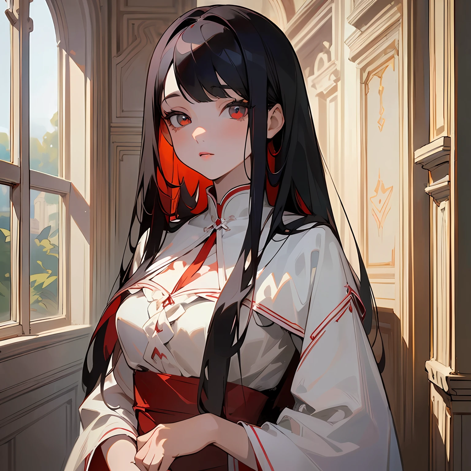 (artwork), (masterpiece), (best quality:1.4), (best artist), (detailed eyes+colored iris), (illustrative setting:1.2), (natural lighting:1.2), (eyes+red+detailed:1.2), (1girl), long straight black hair with bangs, (white skin+white+porcelain), wearing a beautiful red silk dress, beautiful bedroom background