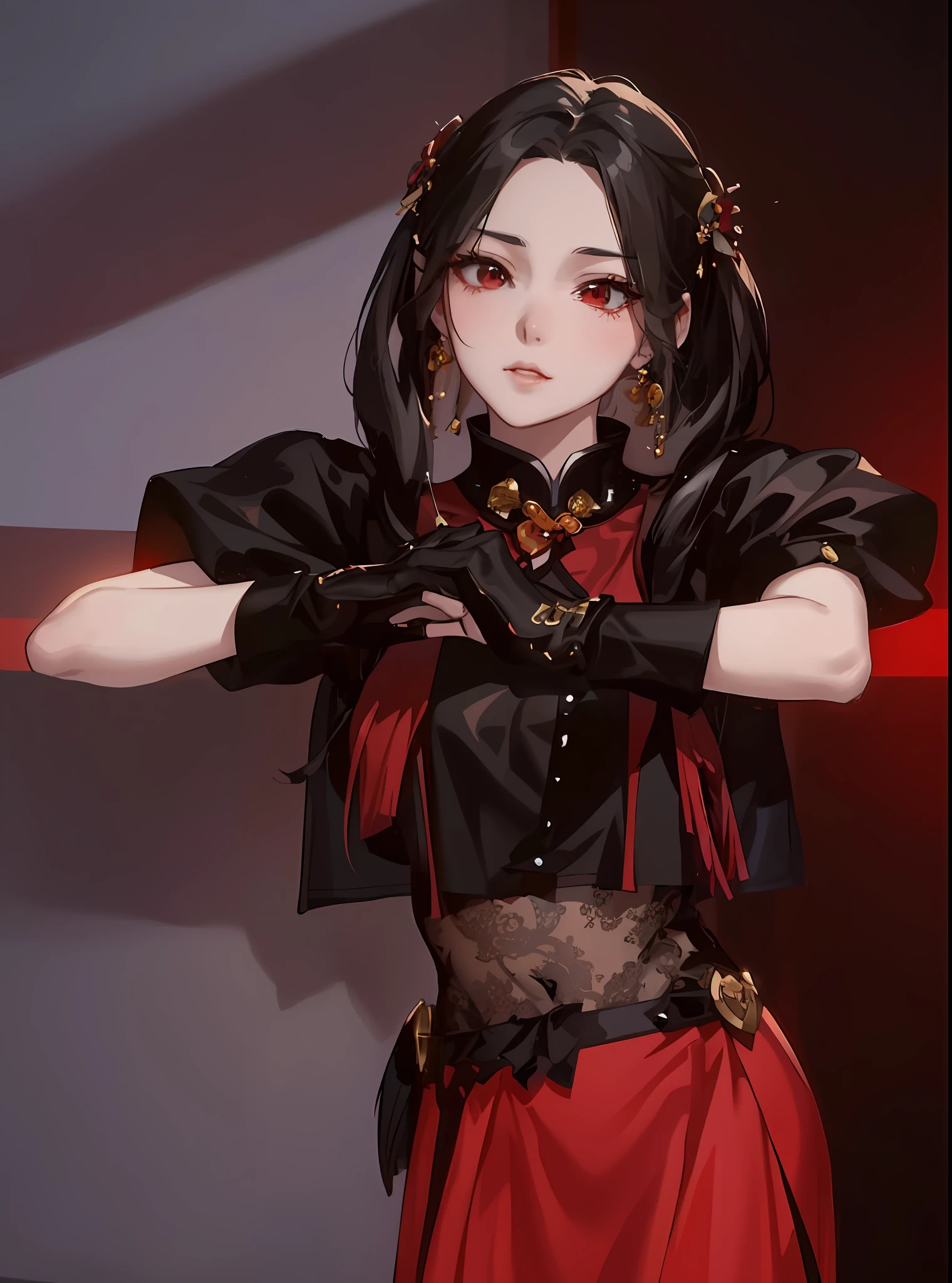a close up of a woman in a red dress with a black top, full body xianxia, by Yang J, artwork in the style of guweiz, guweiz, keqing from genshin impact, gothic maiden anime girl, extremely detailed artgerm, cute anime waifu in a nice dress, anime girl wearing a black dress --auto --s2