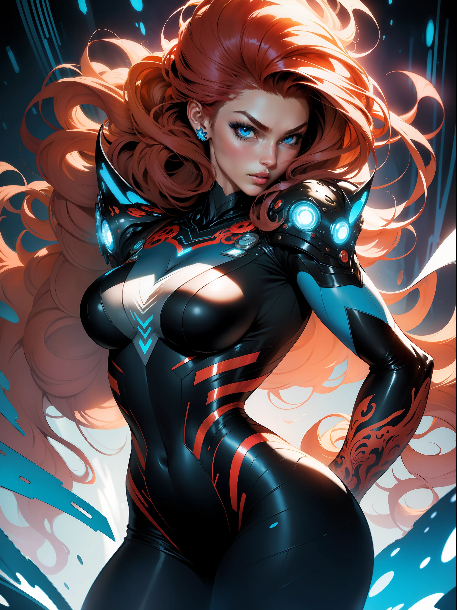 :: Comix style by Joe Madureira :: "Black woman'' , perfect and detailed, ultra detailed shirt with abstract design, with flower print on the sides of the dress, image of woman fighting with alien creature full of tentacles, with immersive effects, hover effect, graphite style background with vibrant colors "HDR ultra" detailed and with focus effect, (masterpiece: 1.2, best quality), (Beautiful eyes finely detailed: 1.2), ((Beautiful Woman )),curly and full hair, in red color, with a natural glow ((Solo)), (Blue eyes:1.4), (Finely detailed eyes and detailed face with long eyelashes:1.3), beautiful woman with ultra detailed long hair and in various full-body attack poses, (beautiful and clear background: 1.2),futuristic costume, Super detailed circular metals Clinging to arms and pants, fantastic paintings