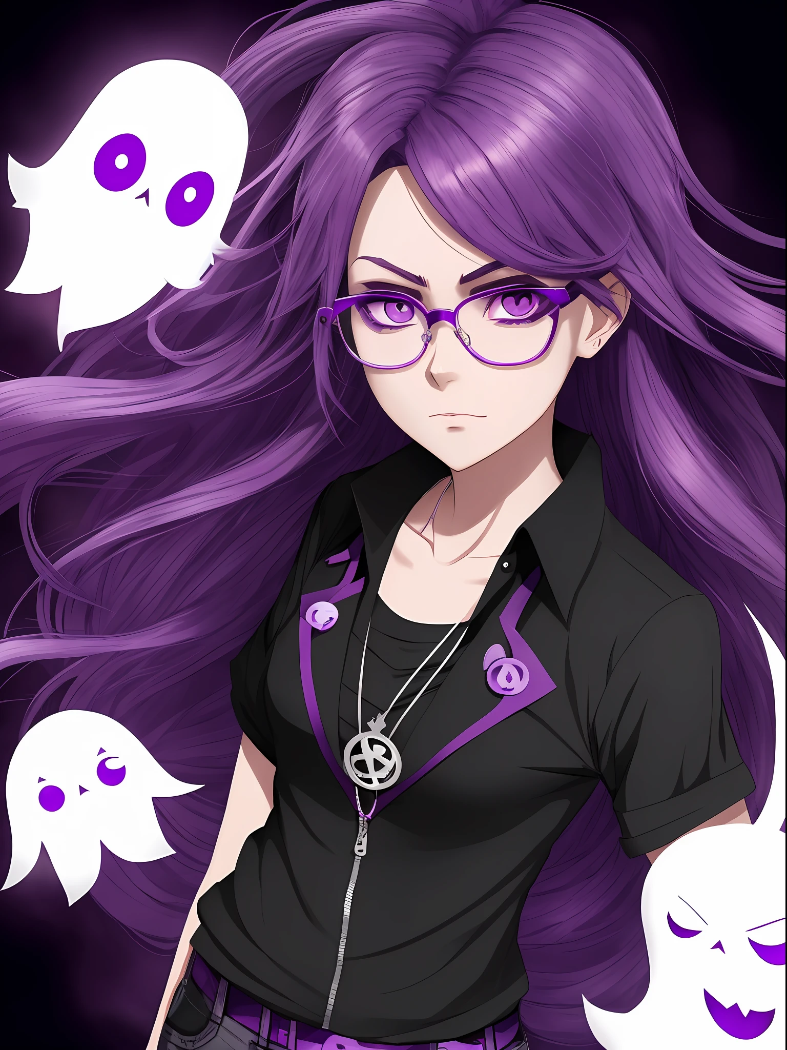 A drawing of a girl with purple hair and glasses, she has purple hair, like an anime character, 2D anime style, dark and angry, in an anime style, UKU the prismatic person, female protagonist: 8, pin in anime, anime style only, flat anime style, dark style, (pale young ghost girl)