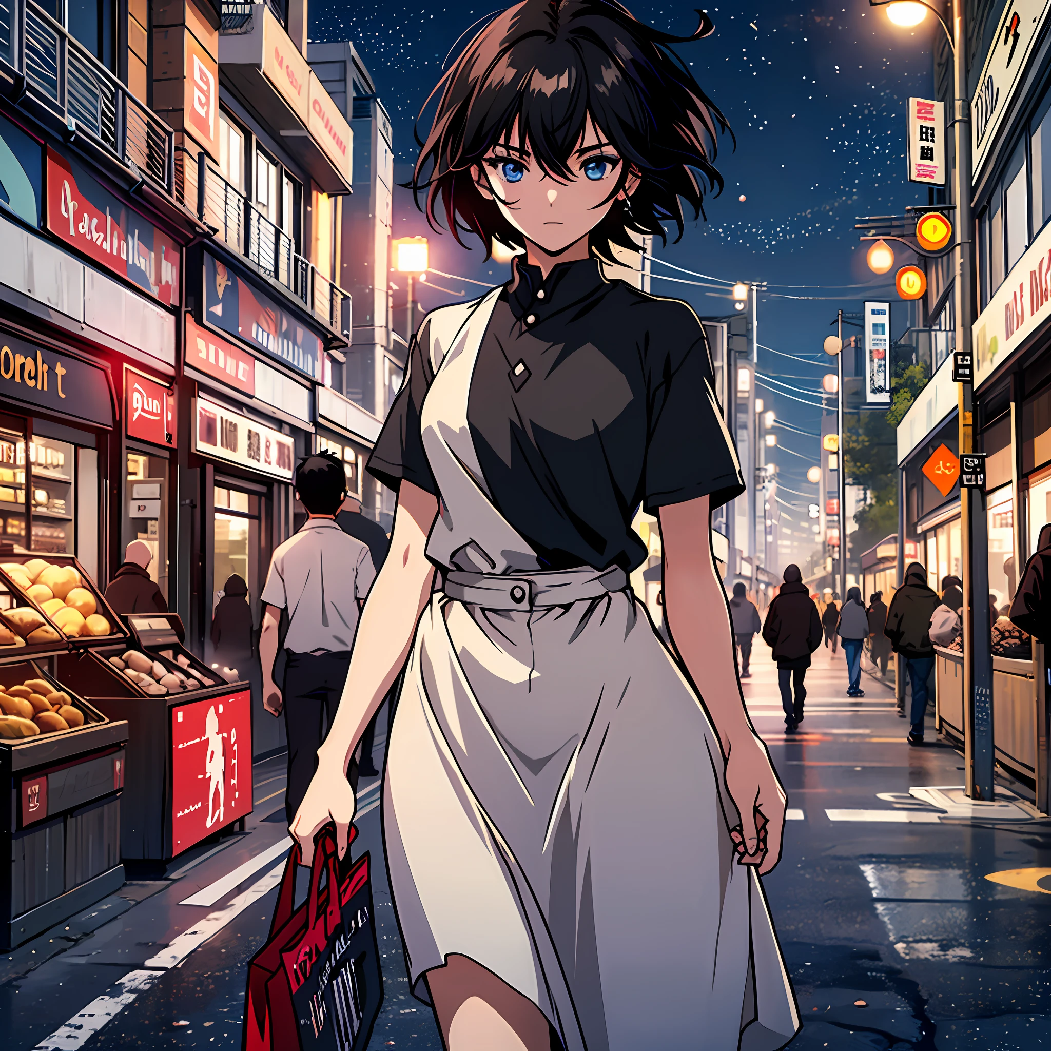 (Best quality: 1.33), (Masterpiece: 1.42), (Reality: 1.24), (detail: 1.15), (A girl: 1.3), short black hair, blue eyes, clear facial features, wearing short sleeves, walking on the street, many people, shops, red moon, dark scene, supernatural