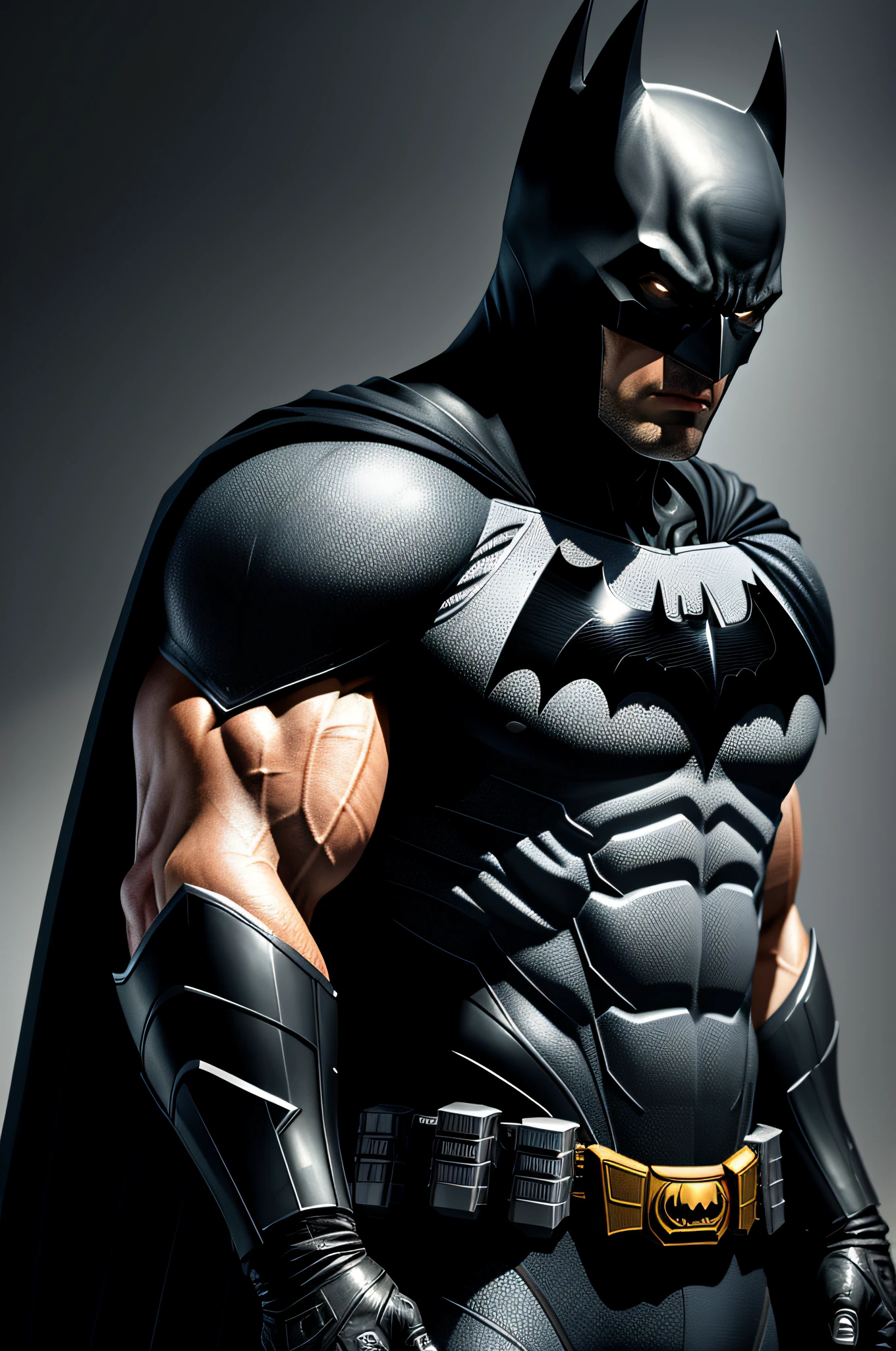(8k, RAW photo, best quality, masterpiece: 1.2), ultra-detailed, formal art, photorealism: 1.37, upper body shot, DC Batman, film grain, action pose