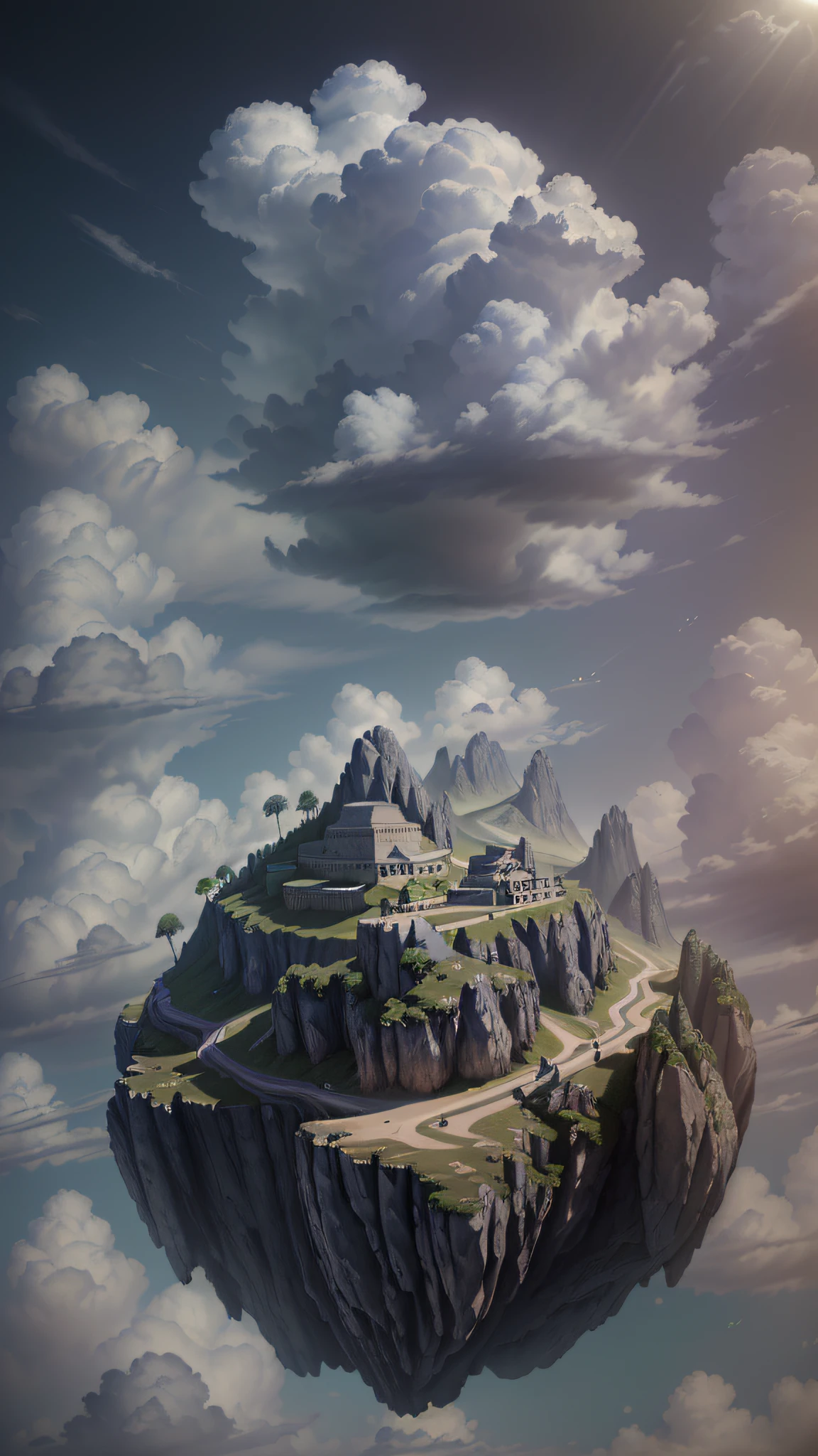 (8k, RAW Photo, Best Quality, Masterpiece:1.2), (Photorealistic, Photorealistic:1.37), Octane Rendering, Ultra High Resolution, Ultra Detail , Professional Lighting, Photon Mapping, Physically Based Rendering, UE5, (Island in the Sky), ((Surrounded by Clouds)), , ((Ray Tracing)),, (Depth of Field), Landscape,