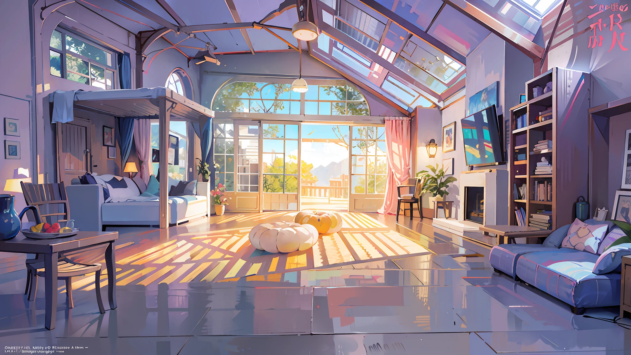 there is a room with a lot of windows and a couch, interior background art, studio ghibli sunlight, anime background art, summer morning light, picture of a loft in morning, style of madhouse studio anime, vibrant volumetric natural light, bright daylight indoor photo, studio glibly makoto shinkai, realistic afternoon lighting, anime scenery concept art, cozy home background