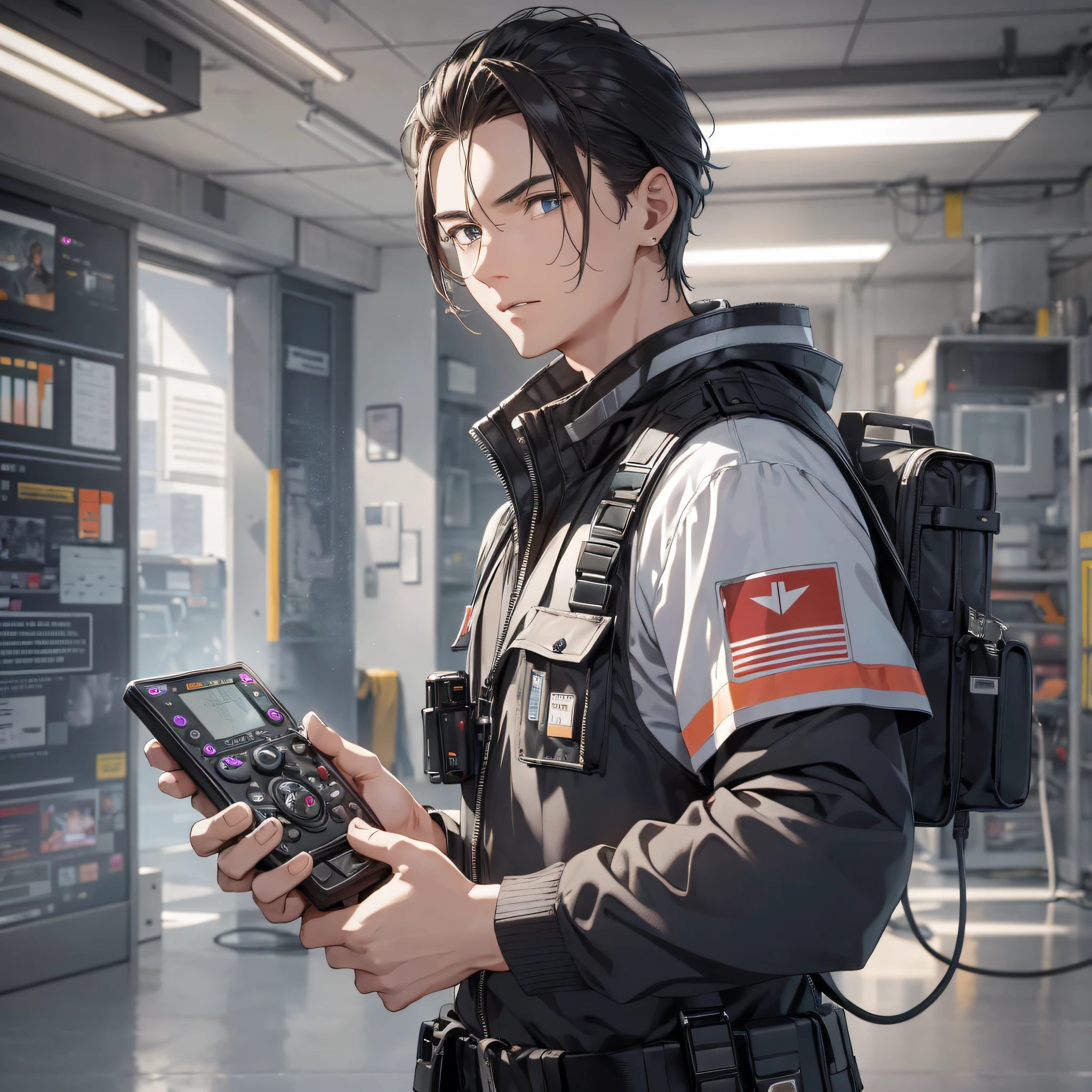 Absurd resolution, high resolution, (masterpiece: 1.4), hyperdetail, a maintenance man, holding a walkie-talkie, very nervous and surprised, in a room full of screens, looking at the mech on the screen